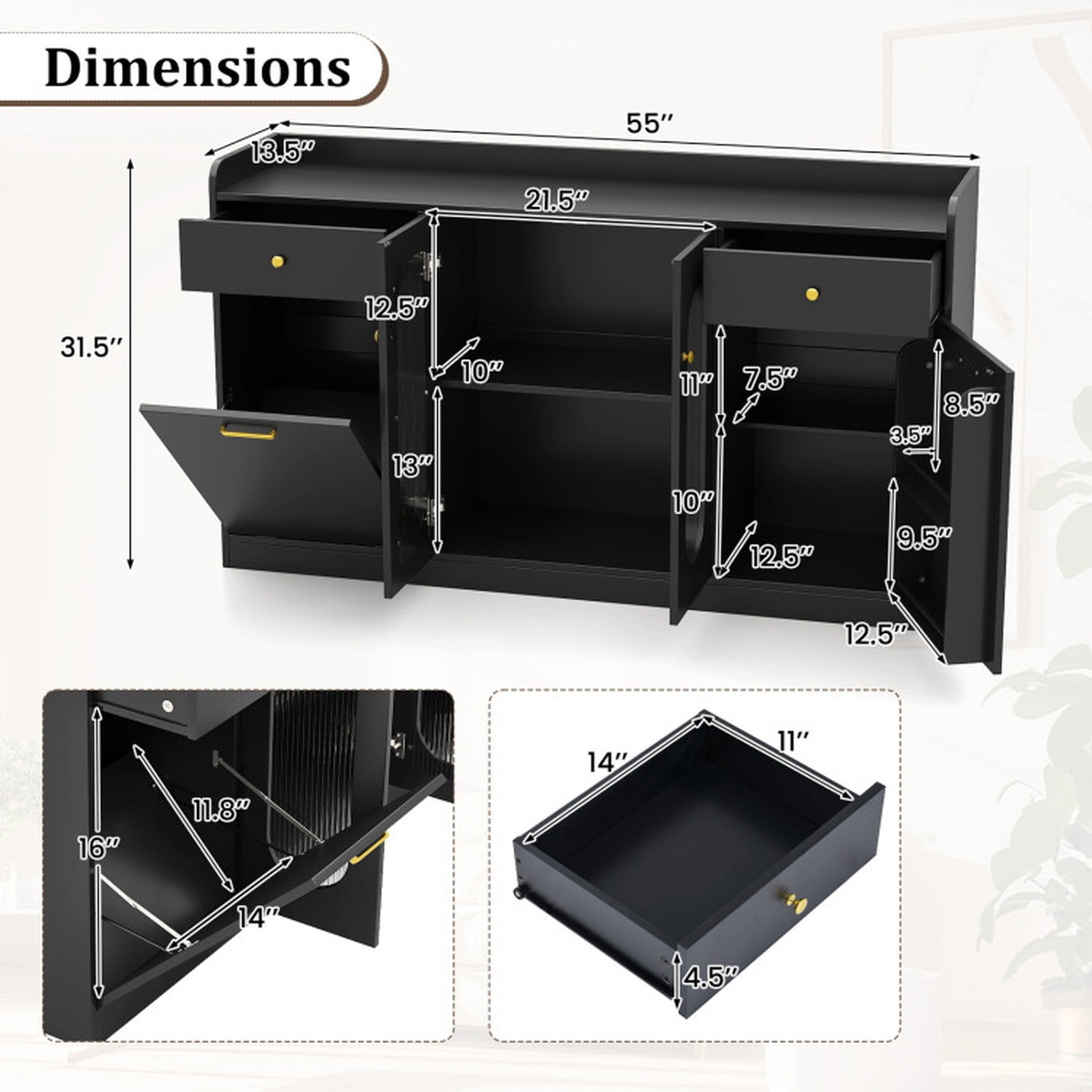 SUGIFT 55-in Tilt-Out Trash Cabinet 2 Fluted Glass Doors 2 Drawers Buffet Sideboard 31.5-in H 110-lb Capacity Black