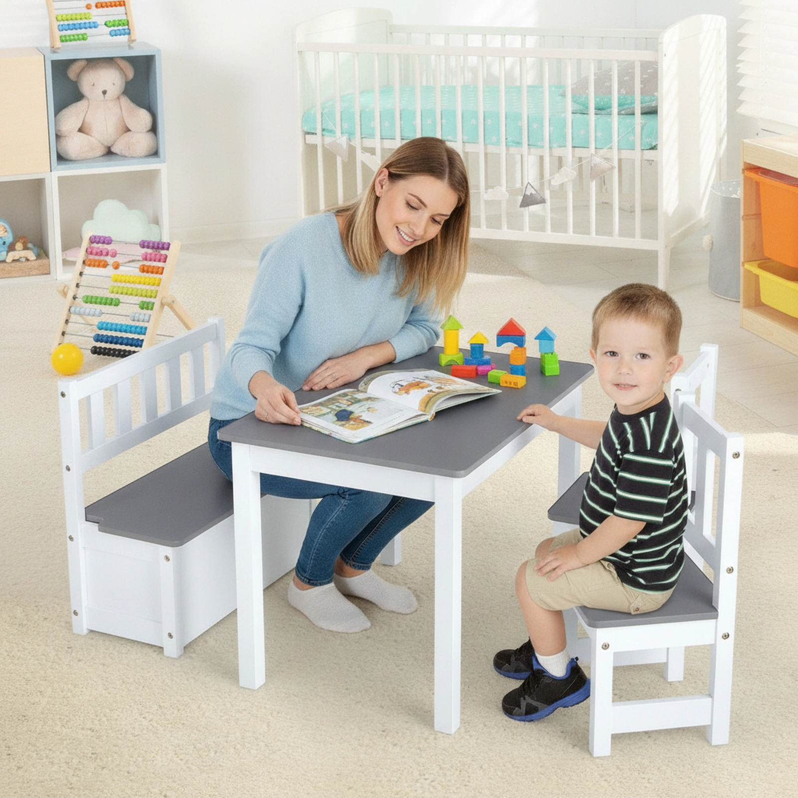 4-Piece Kids Table and Chairs Set Wooden Toddler Activity Table with 2 Backrest Chairs and Lidded Storage Bench Gray