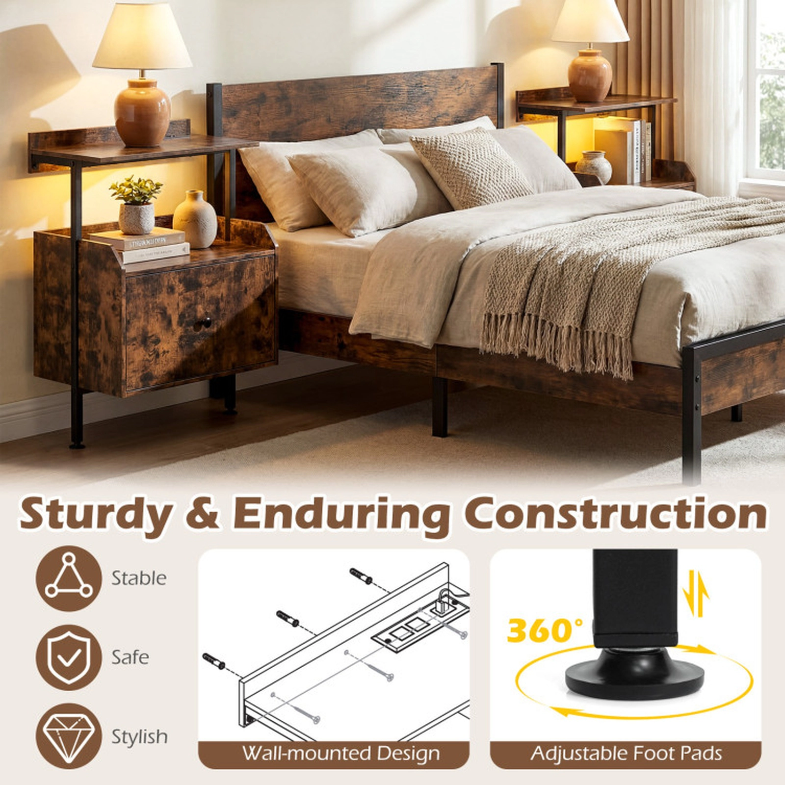 SUGIFT 29.5-Inch Rustic Brown Tall Nightstand with LED Lights, Charging Station and 2 Shelves