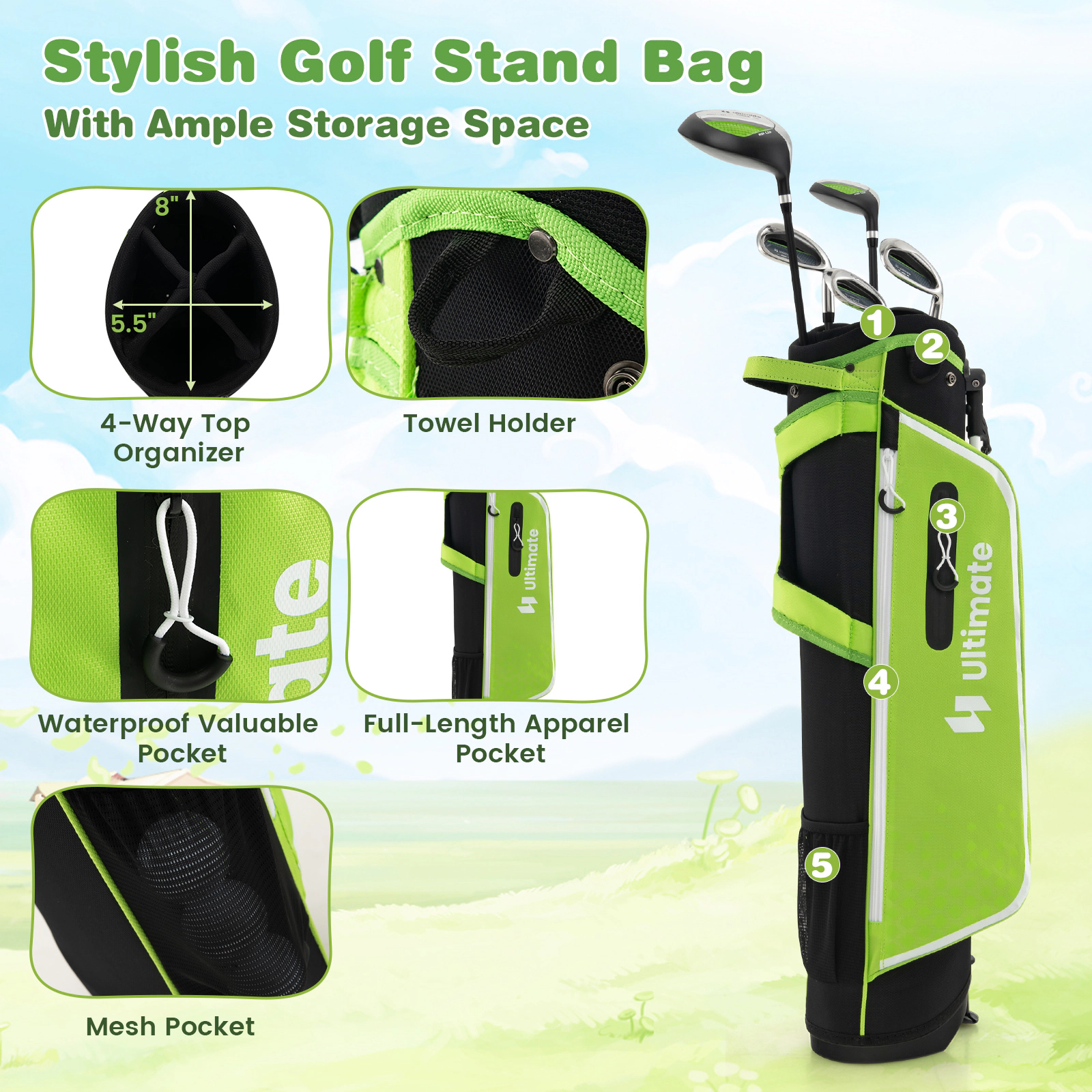 SUGIFT Junior Complete Golf Club Set with Stand Golf Bag and Rain Hood for Kids Ages 11-13 Sports Bag Green