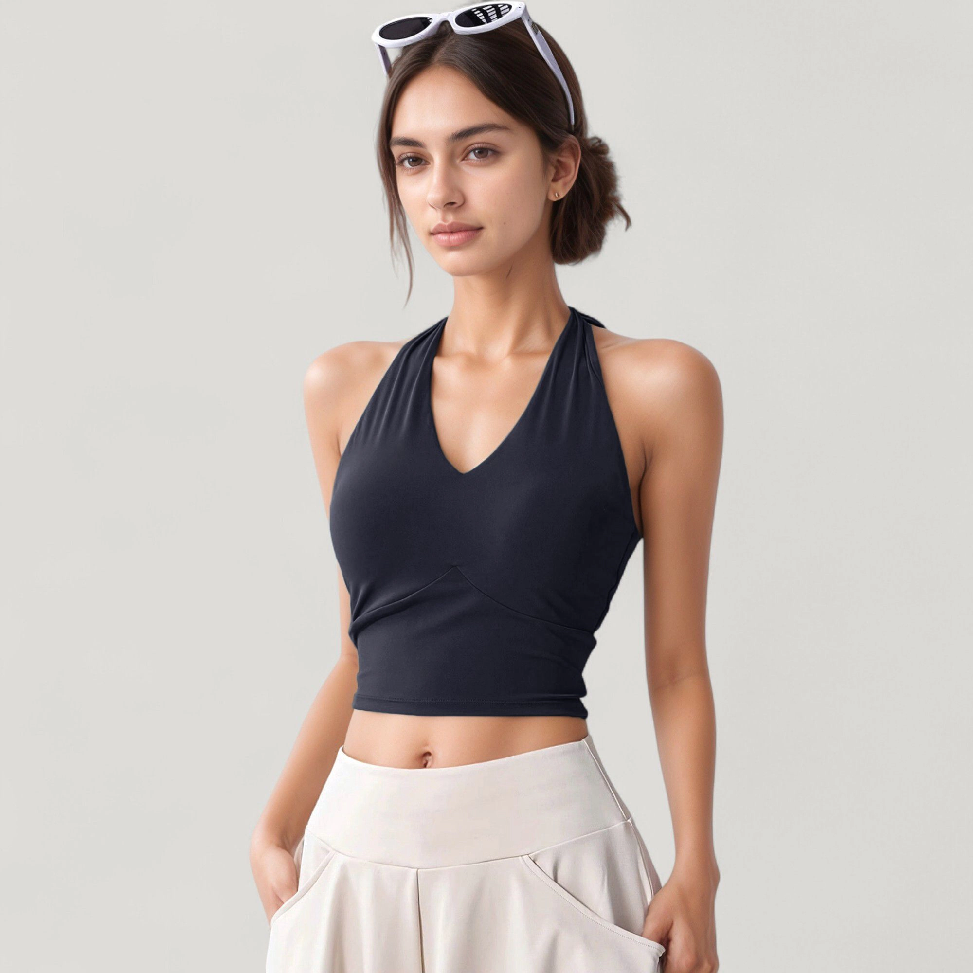 Anna-Kaci Women's Halter Neck Fitted Crop Top with Soft Stretch Fabric and Contoured Waist
