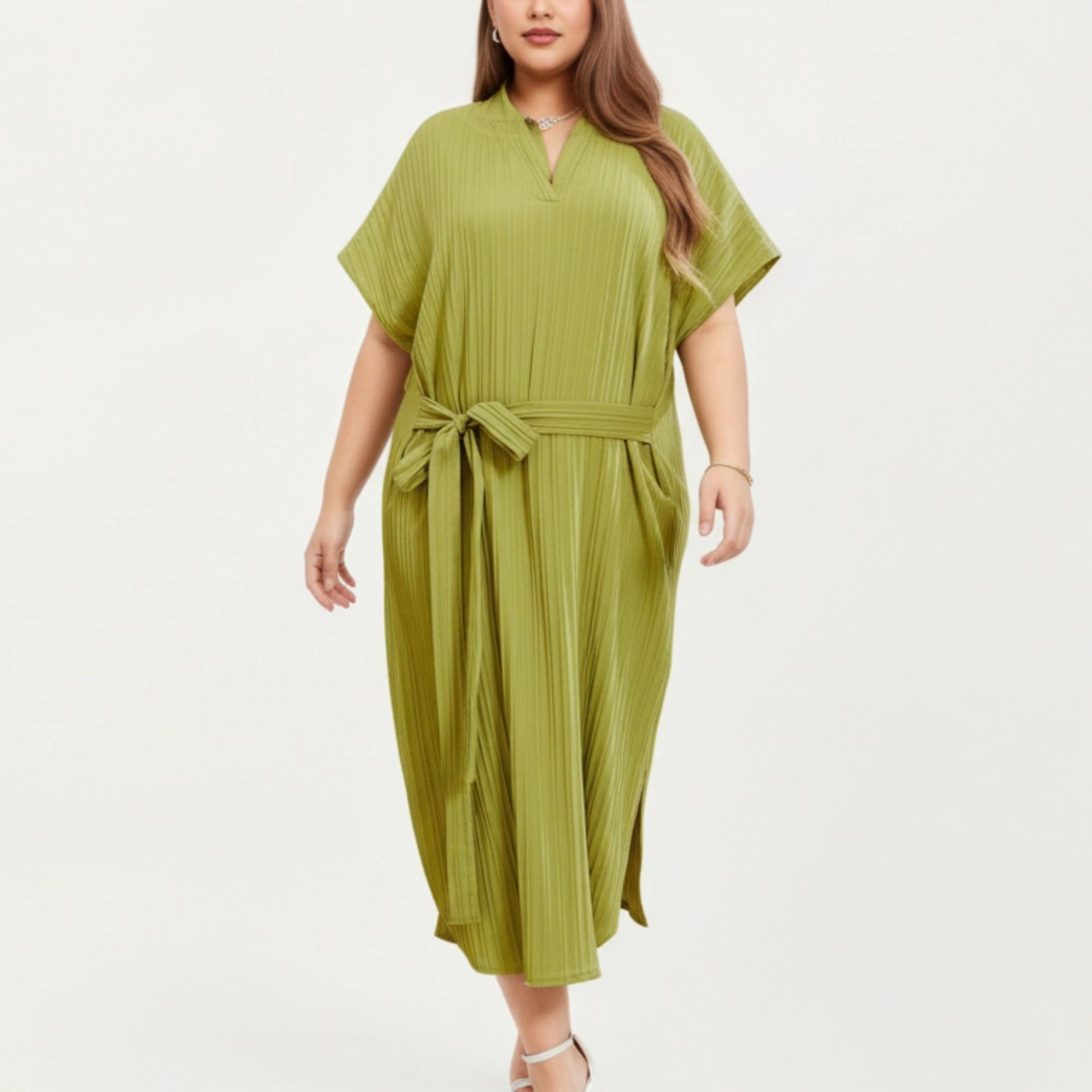 Anna-Kaci Women's Pleated Midi Dress Flowing Texture Relaxed Drop-Shoulder Sleeves and Adjustable Fabric Tie Waist Belt