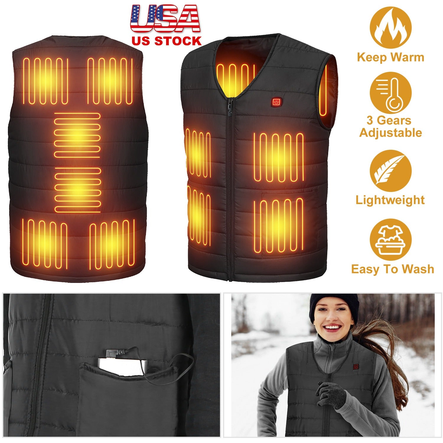 GBruno USB Heated Vest With 10 Heating Pads