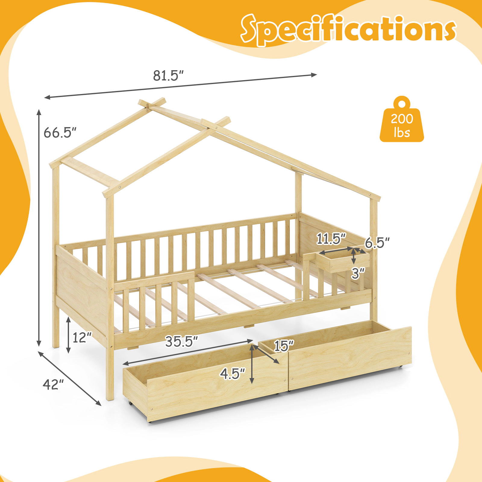 SUGIFT House Twin Bed Frame with Roof & Fence Rails 200-lb Capacity with 2 Storage Drawers & Storage Box Natural White