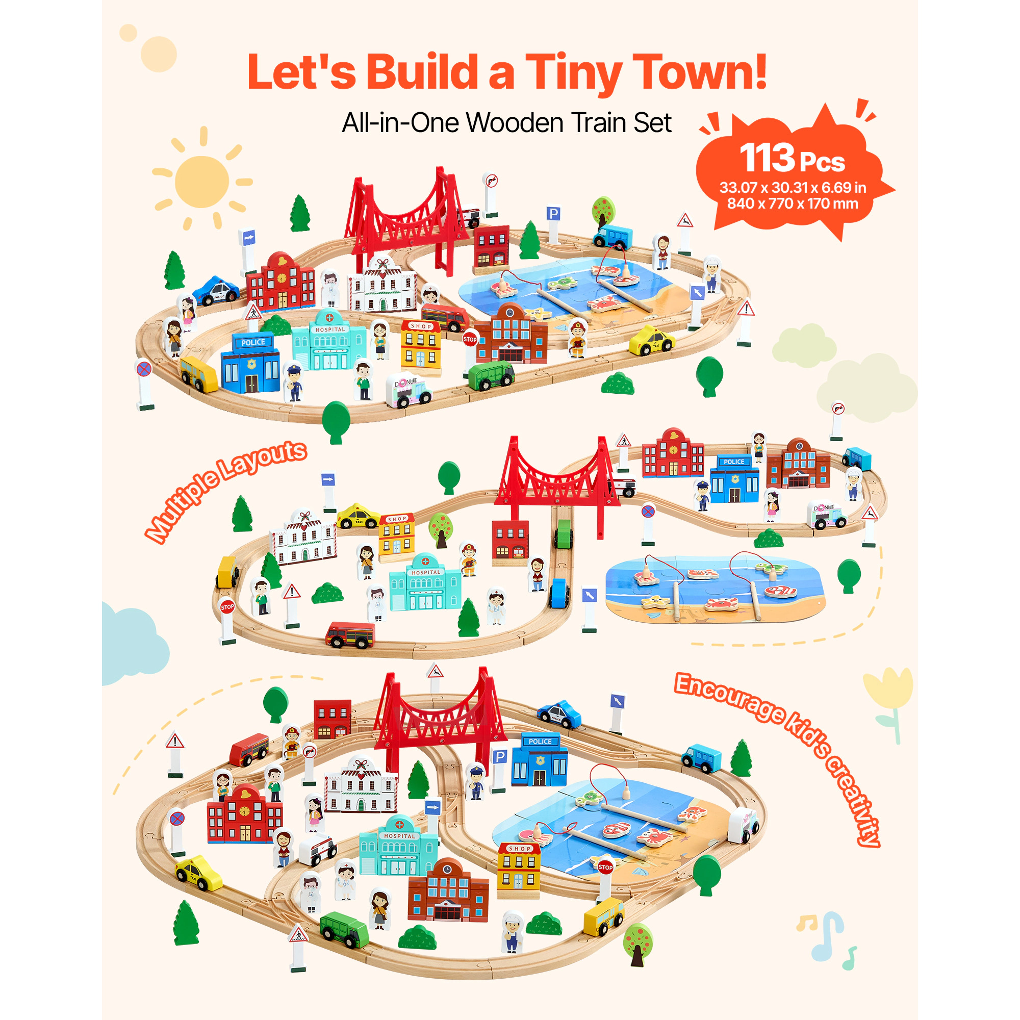HONGGE Wooden Train Set for Kids Ages 3-8 Wood Train Track Toy with Railway Compatible with Major Brands Christmas