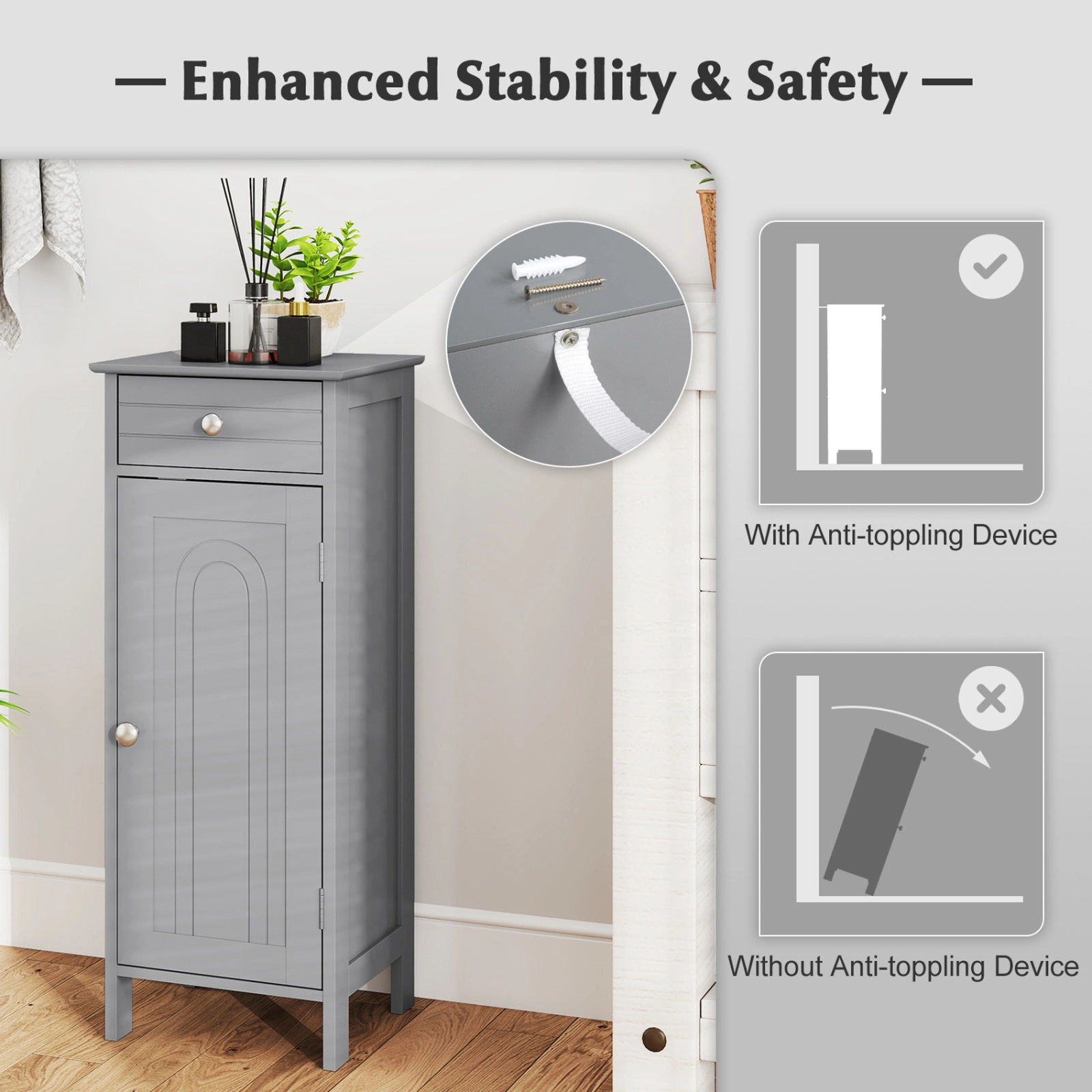 SUGIFT Wooden Storage Free-Standing Floor Cabinet with Drawer and Adjustable Shelves 132-lb Capacity 34.5-in Tall Gray