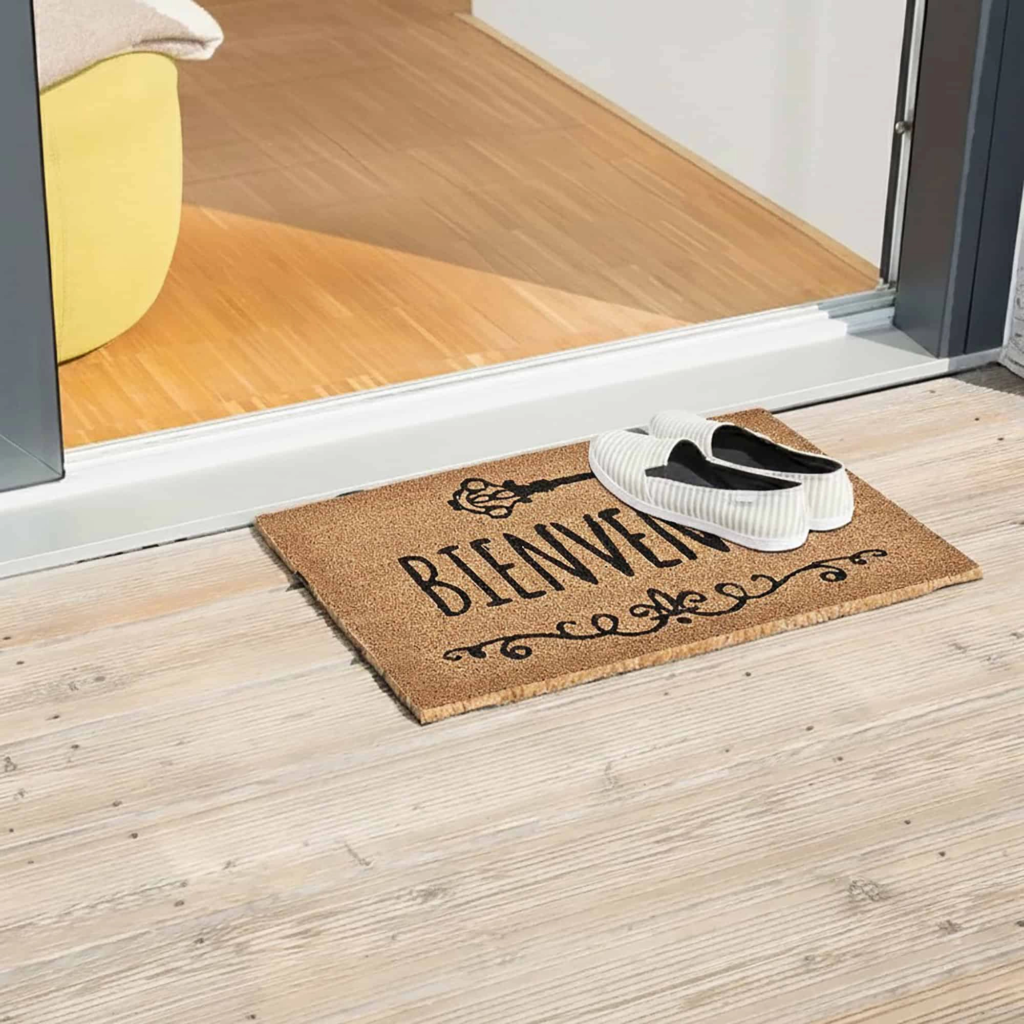 Evideco French Home Goods Natural and Black Bienvenue Coir Doormat 24 x 16 Inches