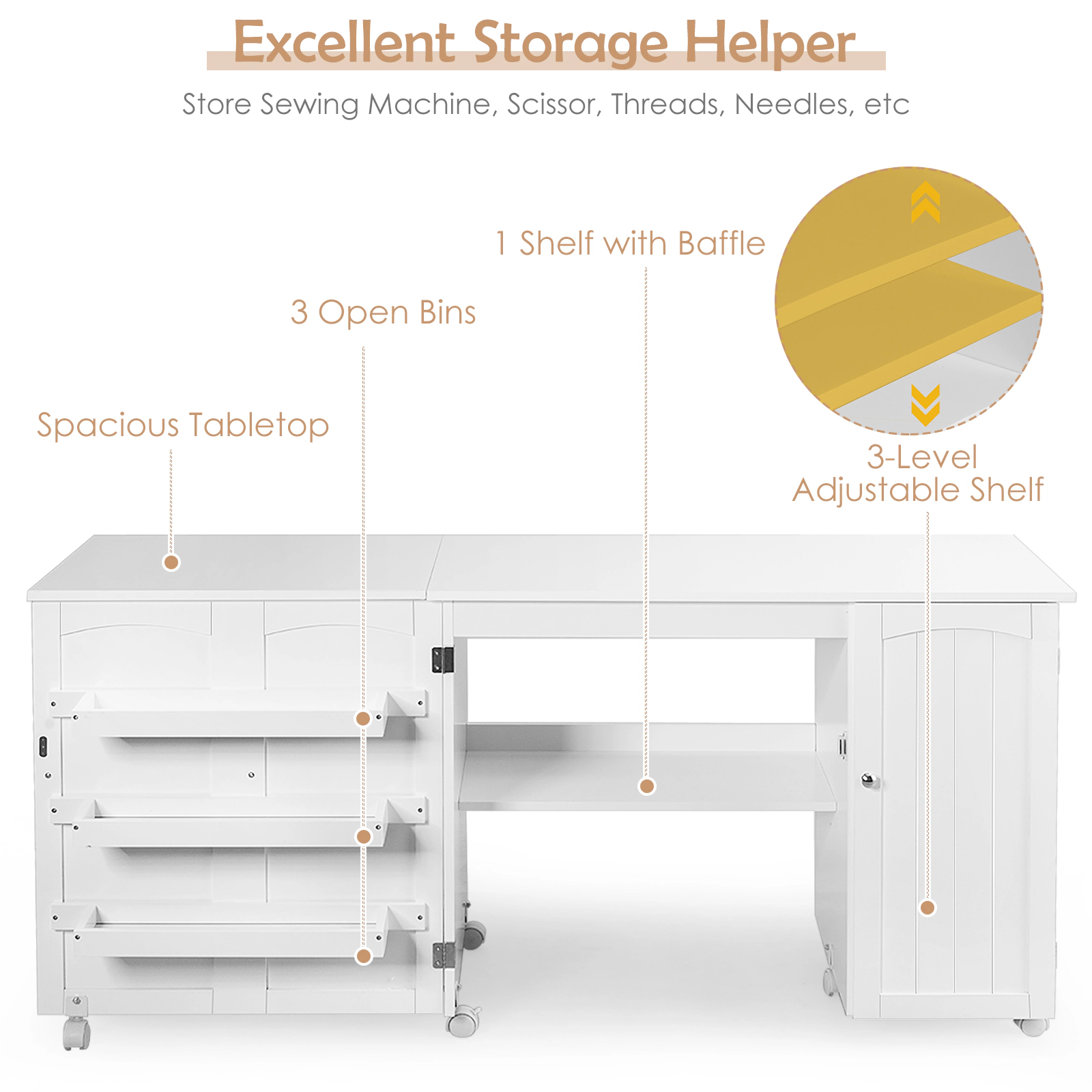 SUGIFT Fold-Out 3 Open Bins Cabinet Rolling Sewing Craft Table Desk 62.5-in x 20-in x 29-in Folds to 38.5-in White