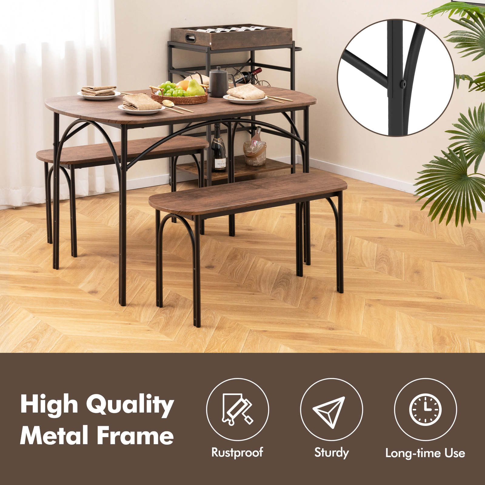 SUGIFT 3-Piece Dining Table Set with Metal Frame and Benches 200-lb Table 660-lb Benches Brown+Black