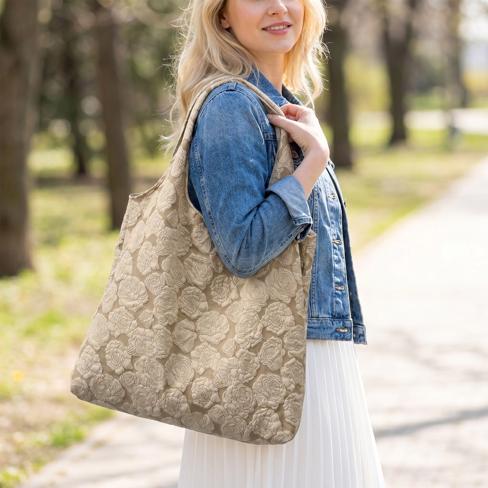 Alilang Women's Floral Embossed Shoulder Tote Bag Soft Textured Lightweight Fabric Carryall Handbag, Warm Cocoa Khaki