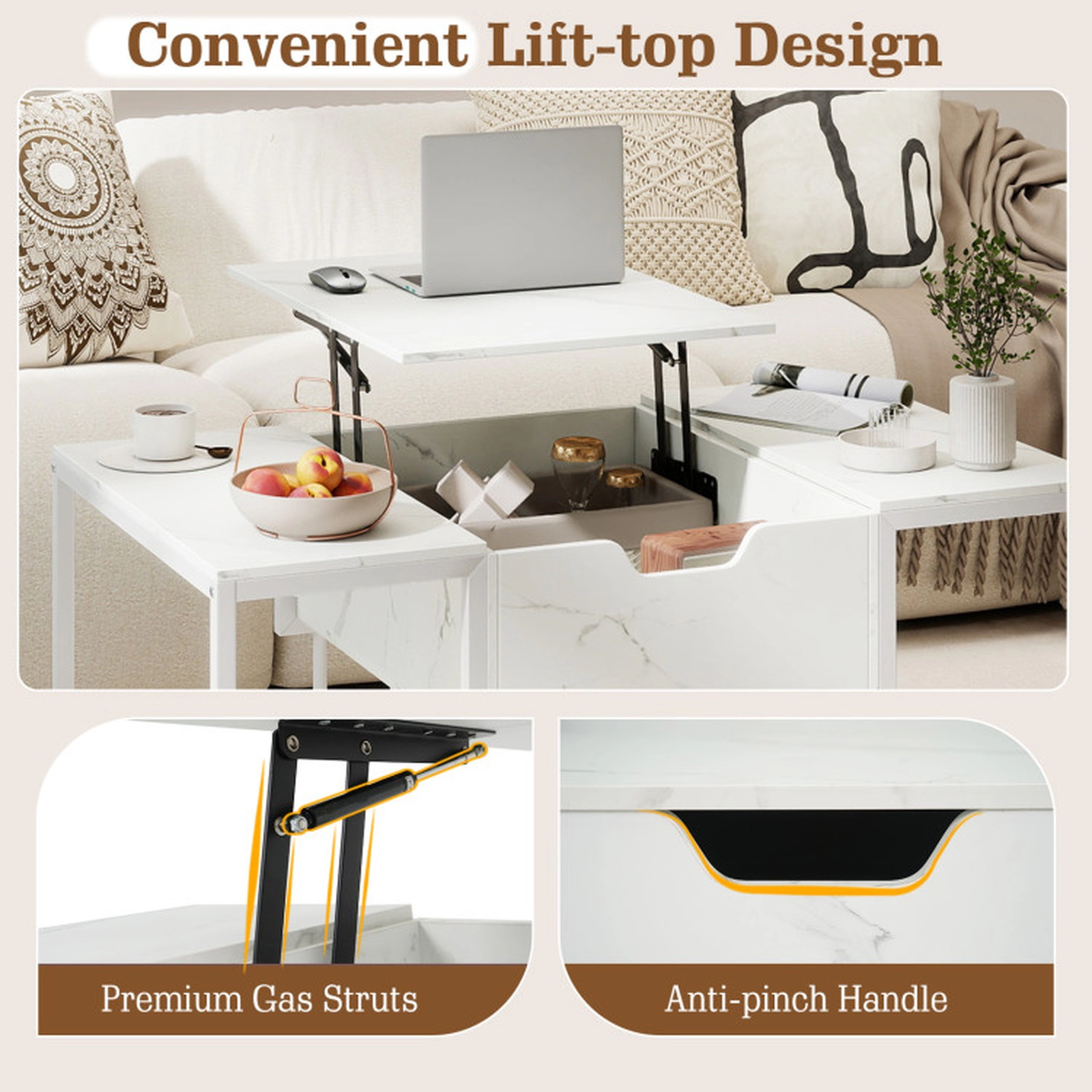 SUGIFT 39.5-in 110-lb Capacity White Lift Top Coffee Table with Gas Struts and Hidden Compartment