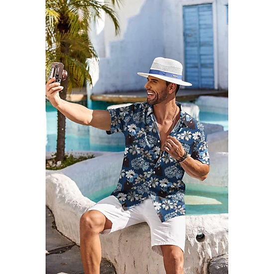 COOFANDY Mens Hawaiian Shirts Short Sleeve Tropical Print Button Down Casual Tops