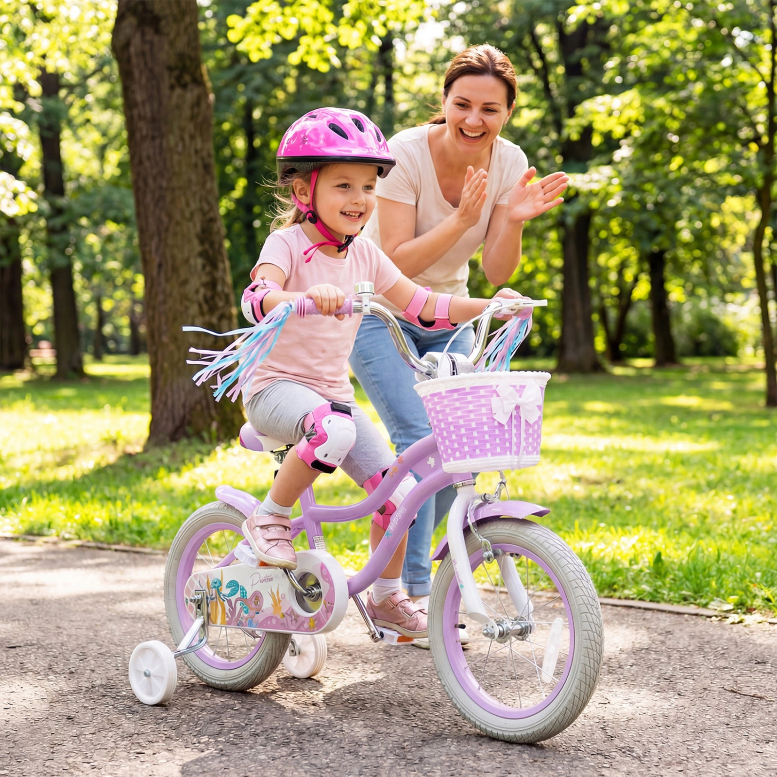 SUGIFT Adjustable 14-In Kids Bicycle Basket & Streamers 110-lb Seat Capacity Ages 3-5 Purple Princess of the Sea Theme