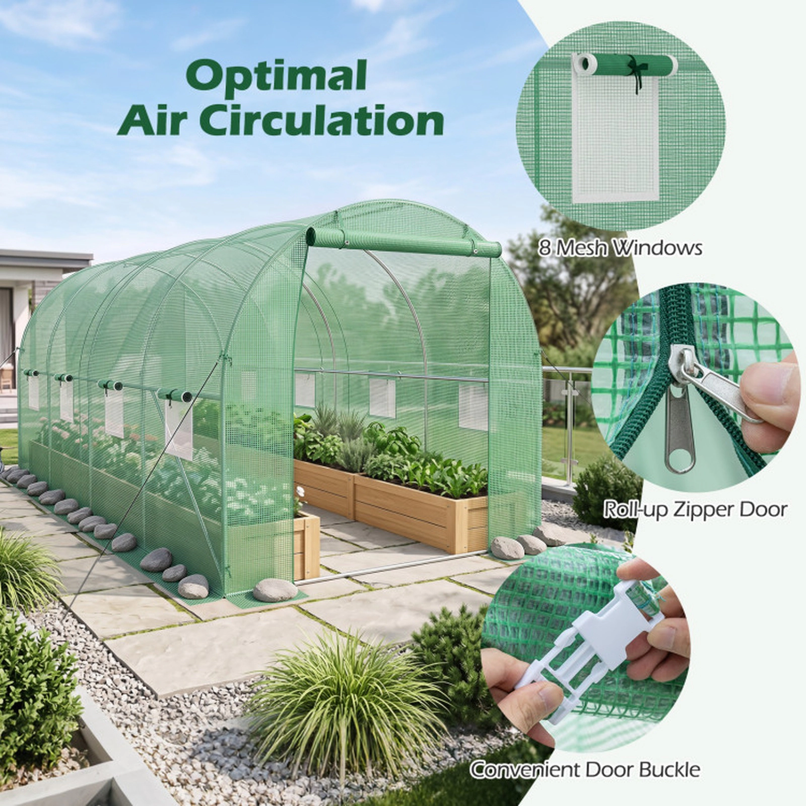 SUGIFT Walk-in Tunnel Greenhouse with Zipper Door and 8 Mesh Windows 42-in Door Opening Green/White