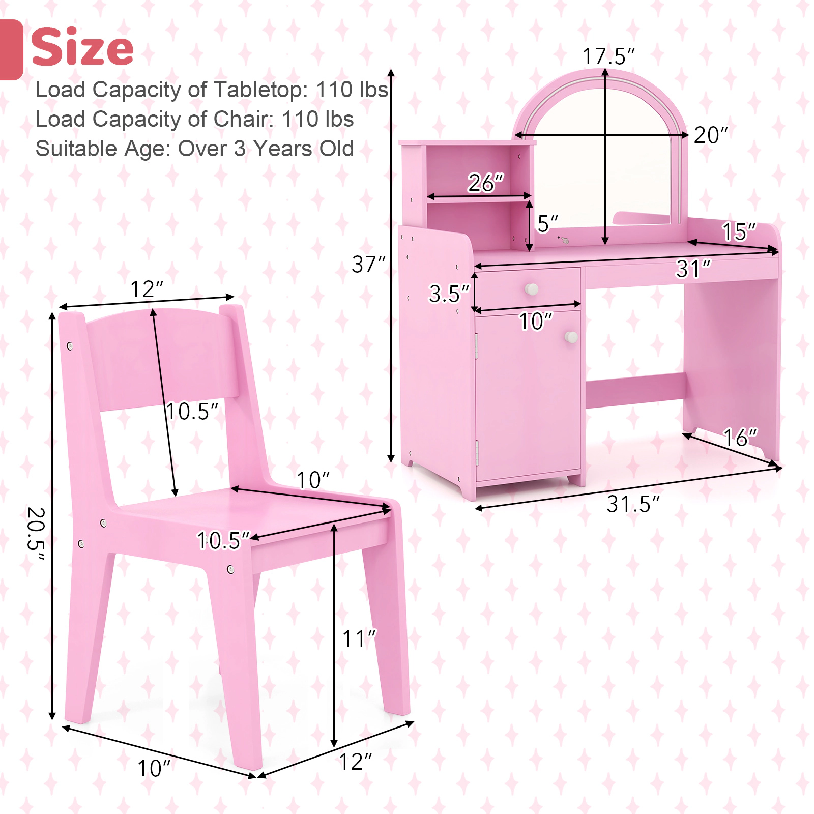 SUGIFT White Kids Vanity Table and Chair Set with 120 LED Lights, Acrylic Mirror and Storage