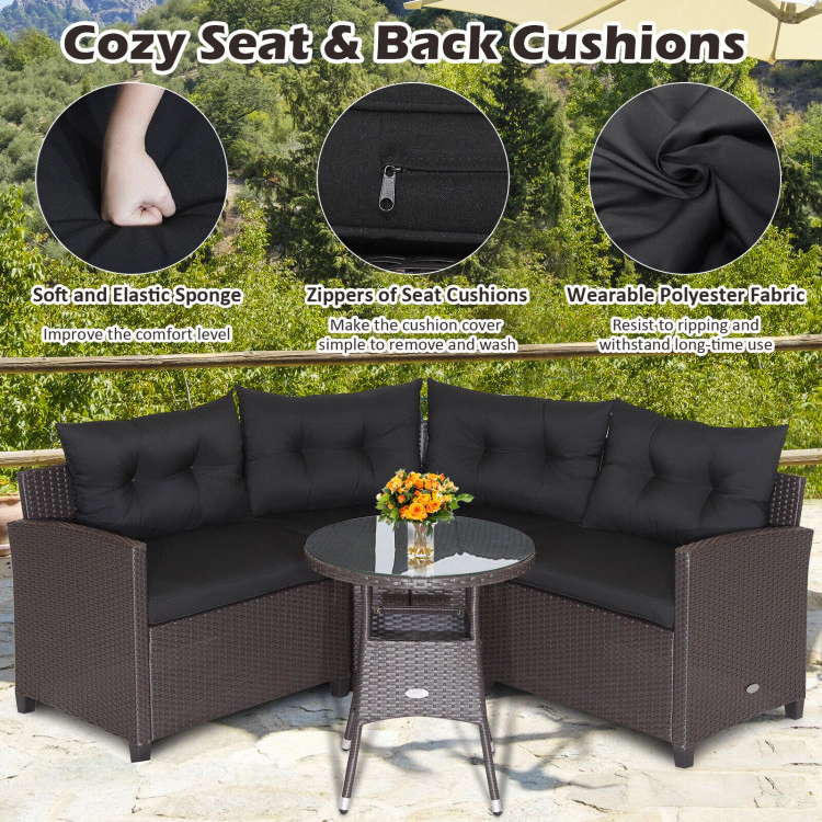 Hivvago 4 Pieces Patio Rattan Furniture Set Cushioned Sofa Glass Table