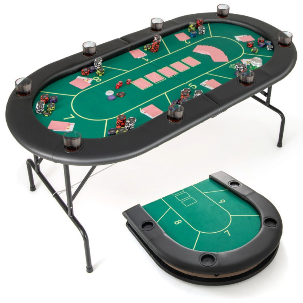 SUGIFT 72-in x 36-in 220-lb Capacity 8-Player Folding Poker Table with Padded Armrests and Cup Holders