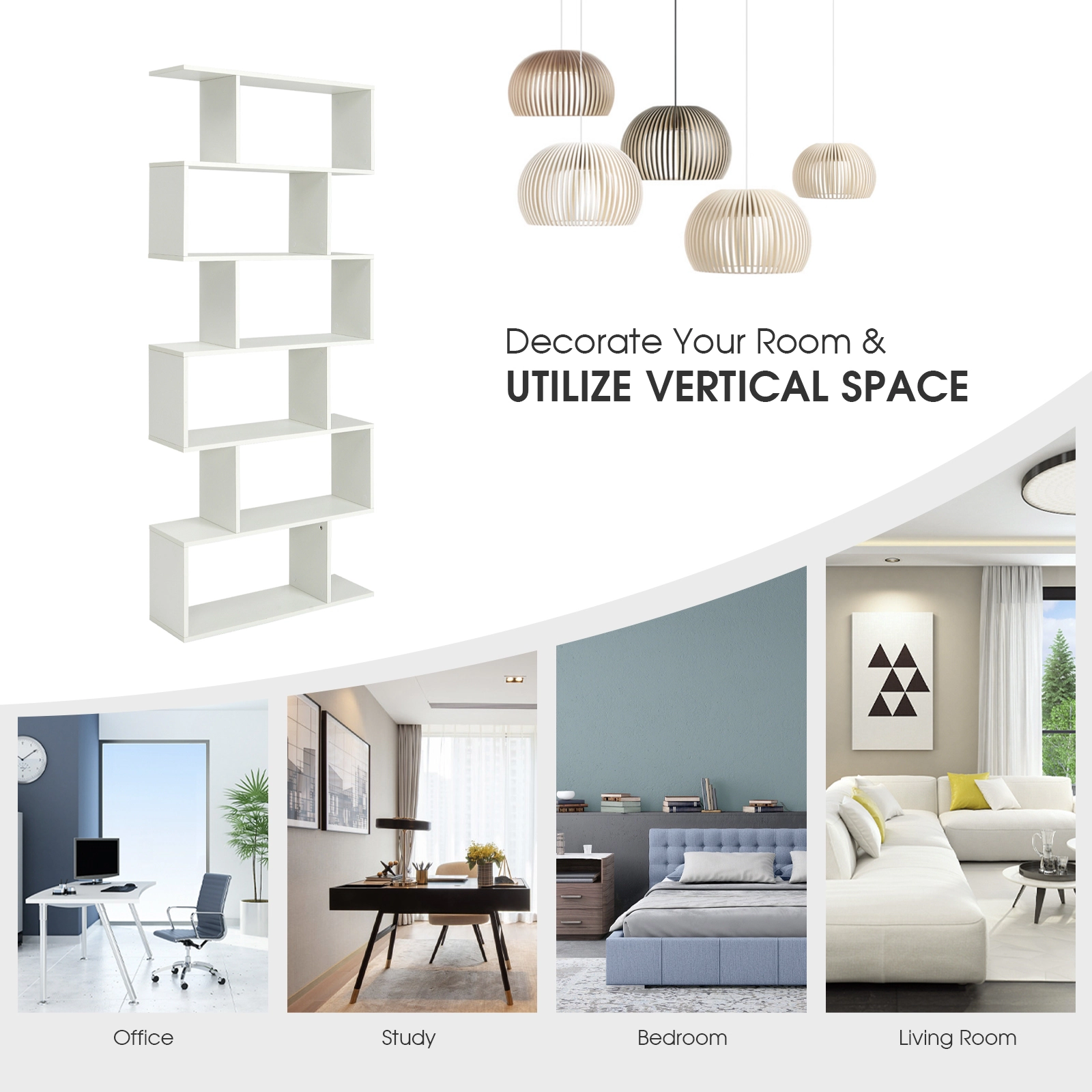 SUGIFT 6-Tier White S-Shaped Bookshelf Z-Shelf with 6 Open Cubes Freestanding Display for Study and Bedroom