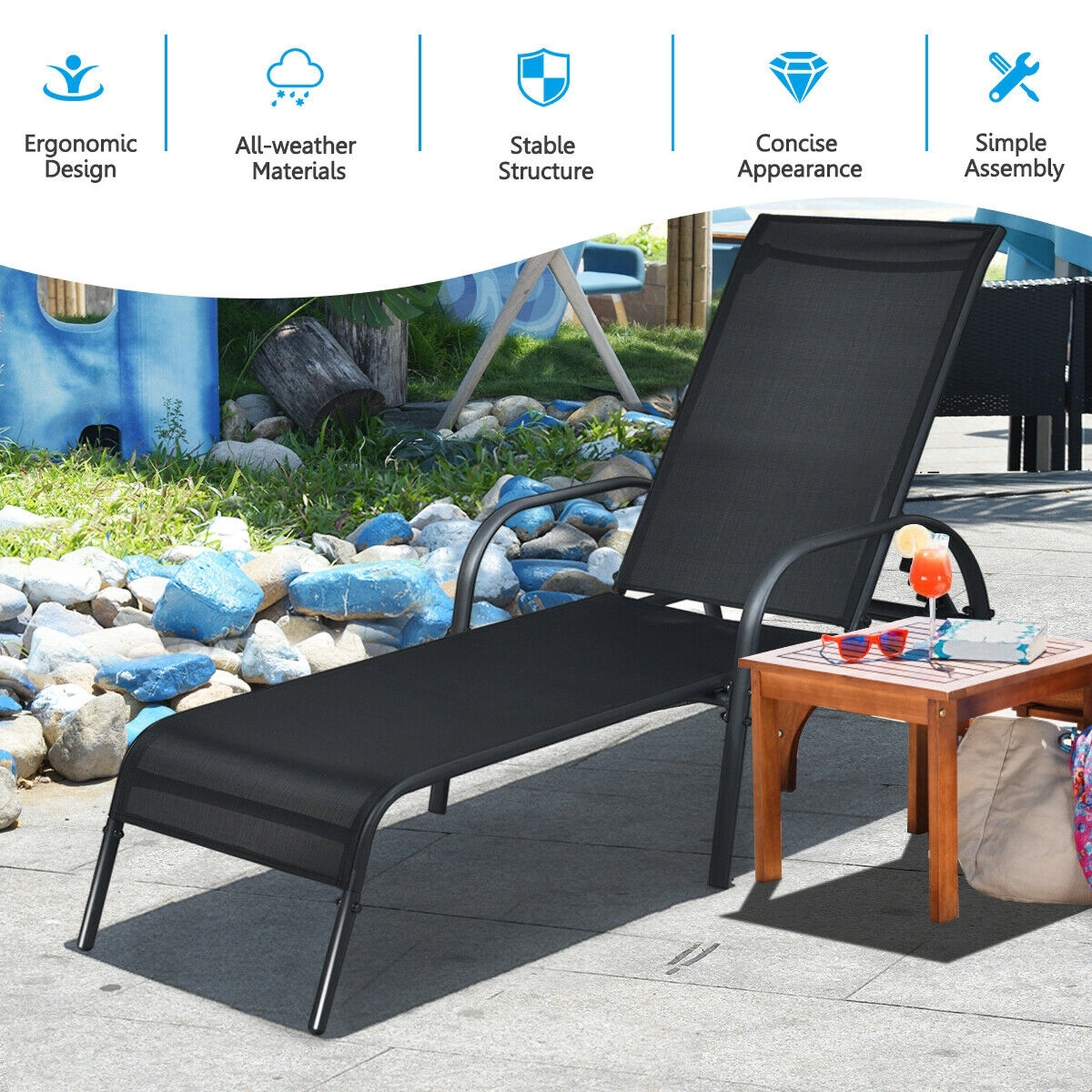 SUGIFT Adjustable Folding Patio Chaise Lounge, 5-Position Backrest, Black