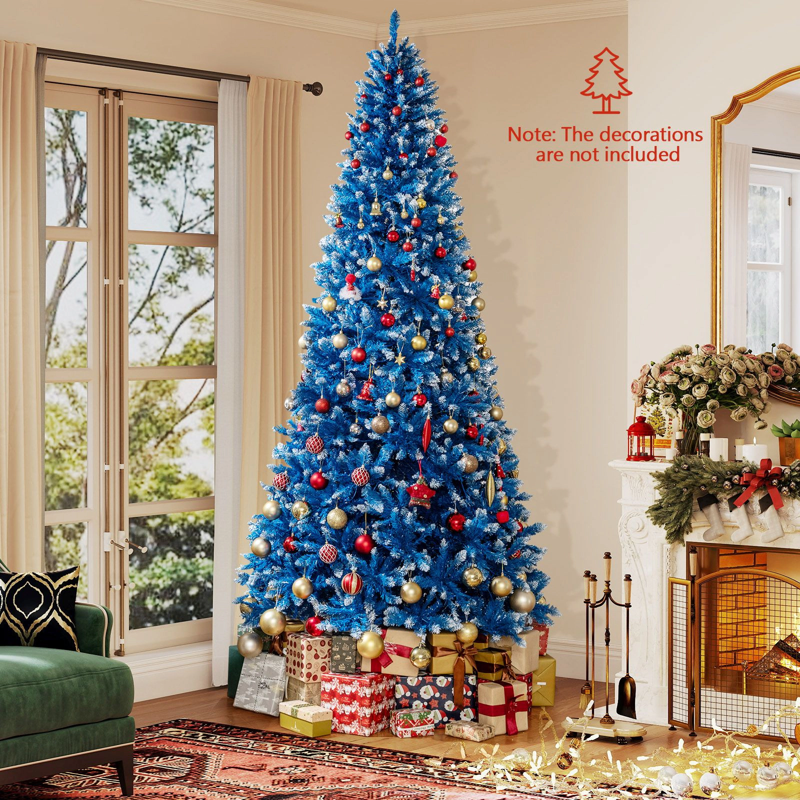 SlickBlue Blue Snow Flocked Christmas Tree with LED Lights and Metal Stand