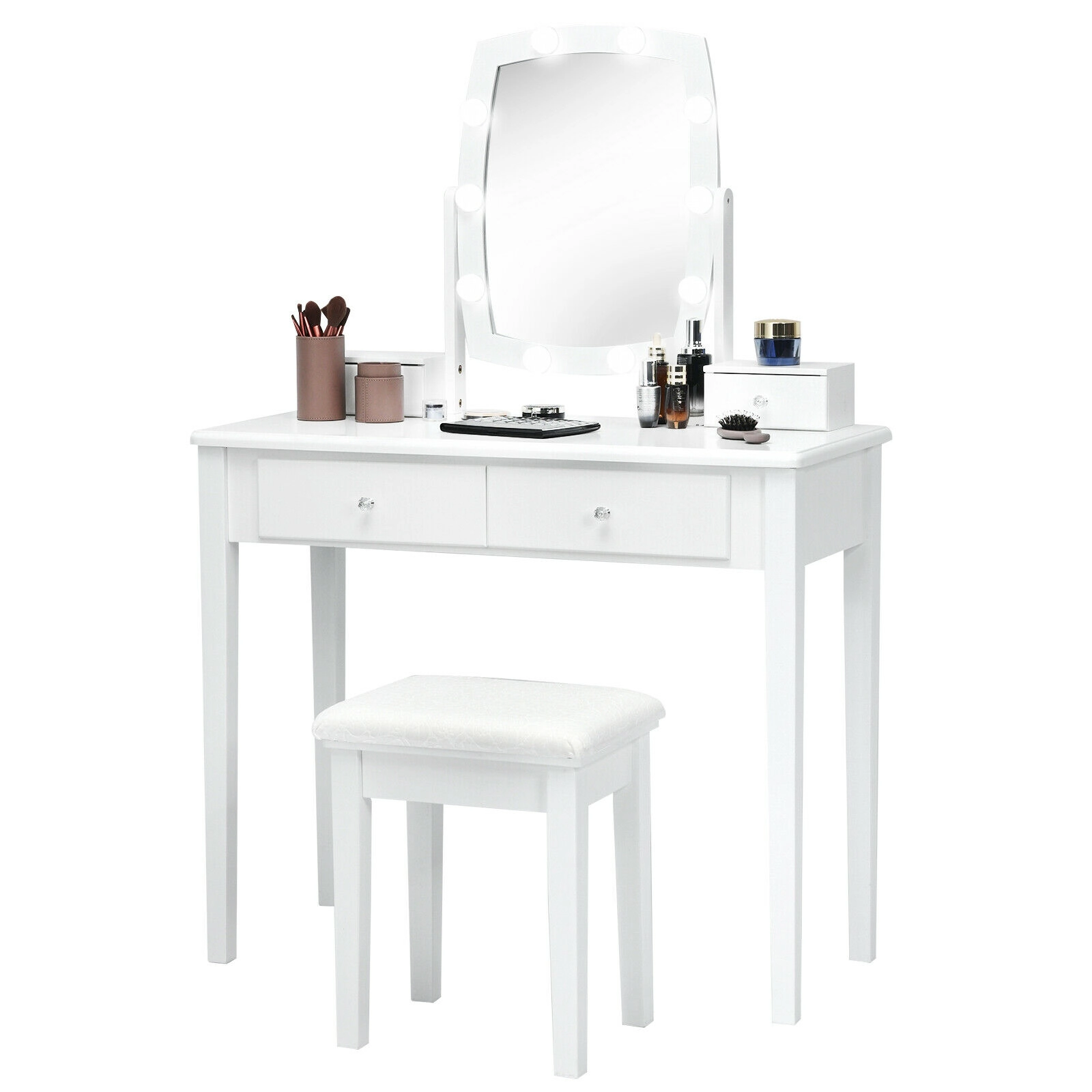 SUGIFT Makeup Vanity Set with 10 Dimmable Bulbs, Rotating Mirror, 4 Drawers and Stool