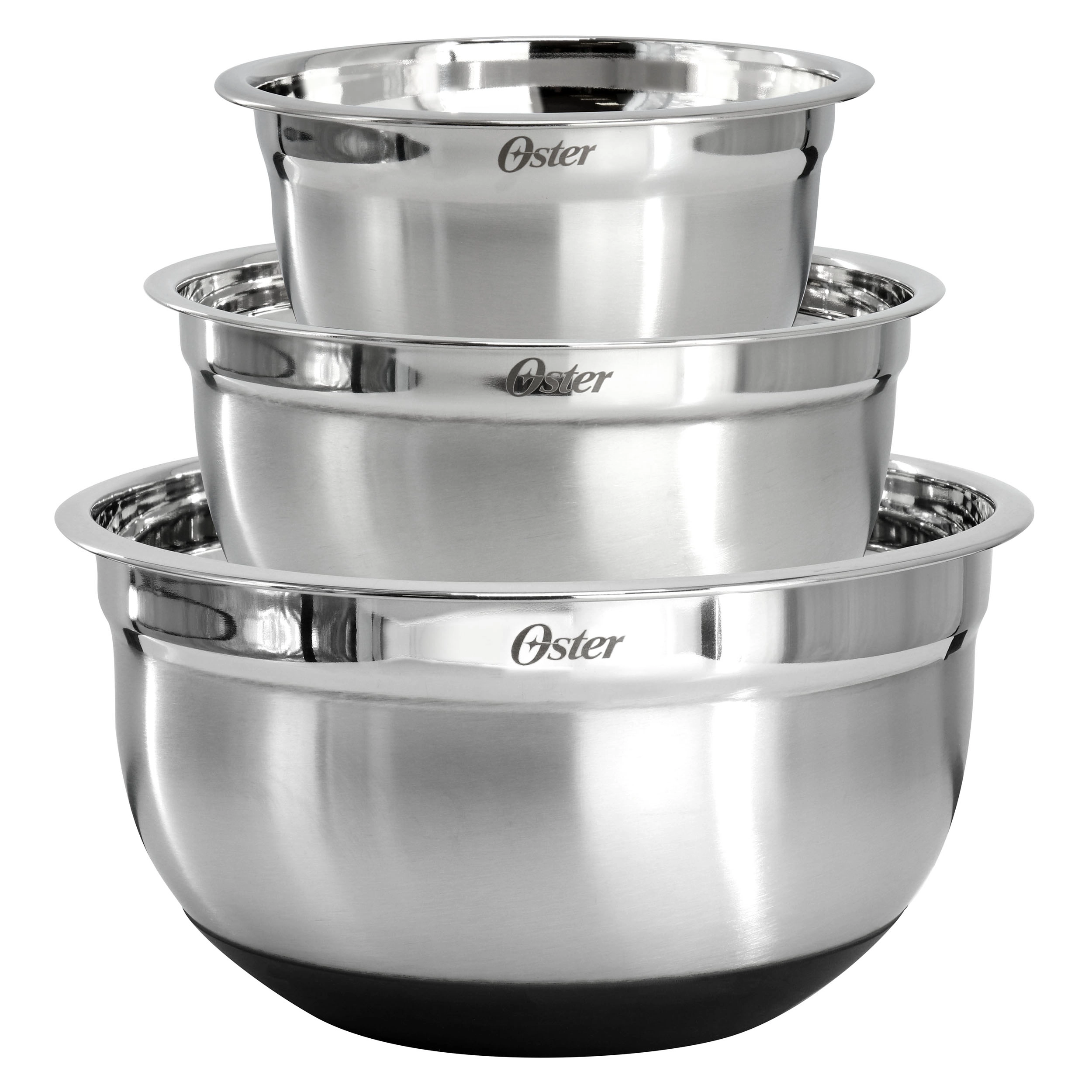Oster Oswalt 3 Piece Mixing Bowl Set with Non-Slip Bases in Silver