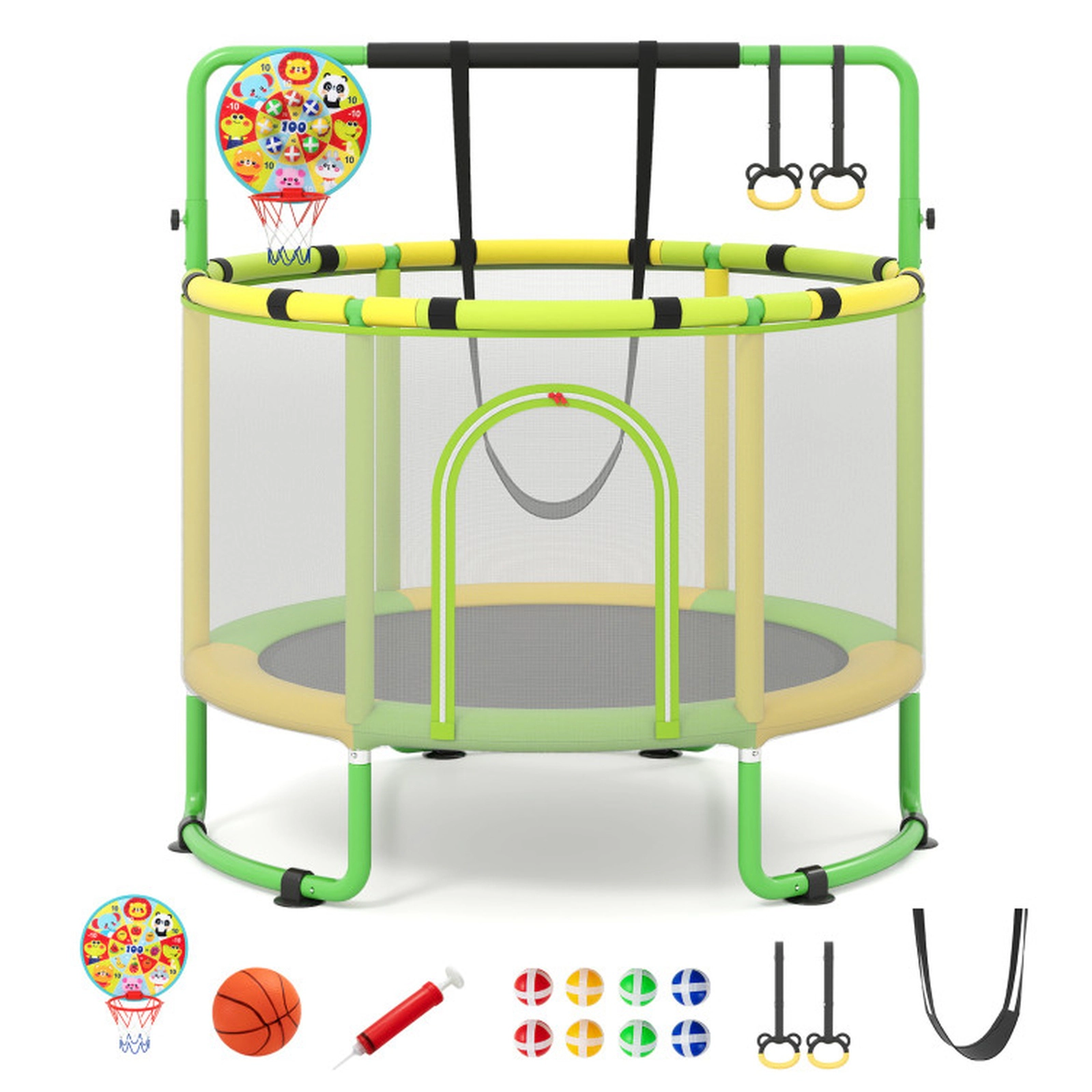 SUGIFT Gymnastics Bar Swing and Basketball Hoop 60 Inch 6-in-1 Kids Toddler Trampoline