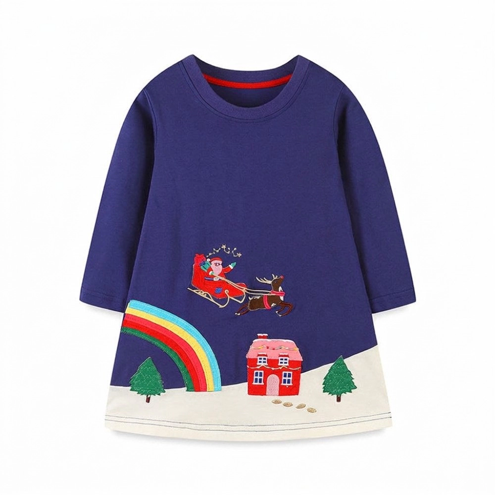 MyKids-USA Girls Navy Blue Embroidered Cotton-Blend Holiday Dress