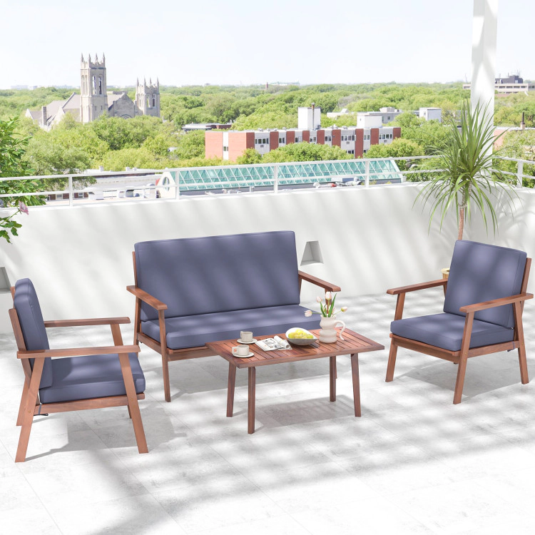 Hivvago 4 Piece Outdoor Acacia Wood Conversation Set With Soft Seat And Back Cushions