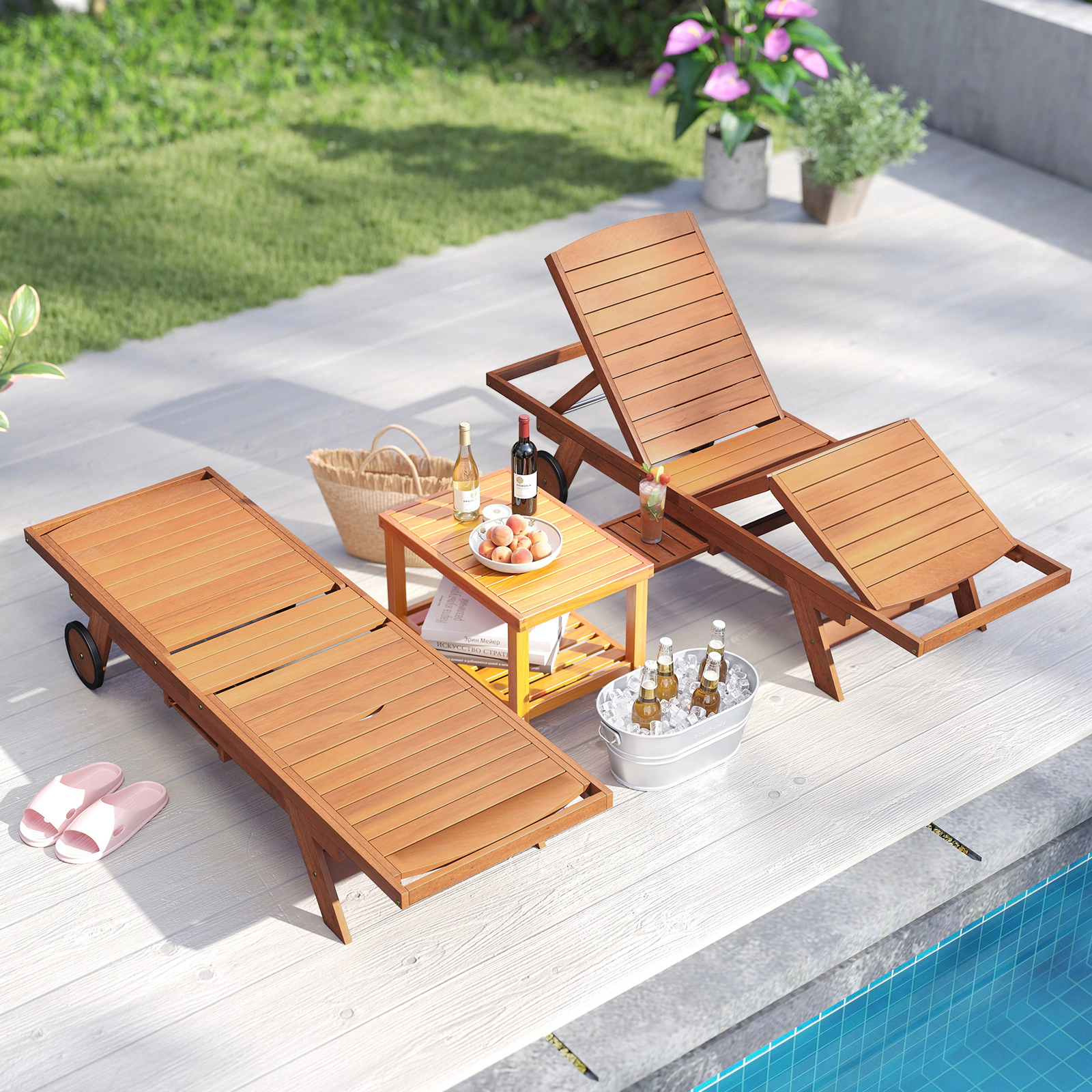 SUGIFT Wheels 4-Position Backrest and Extendable Side Table Natural Wood Outdoor Chaise Lounge