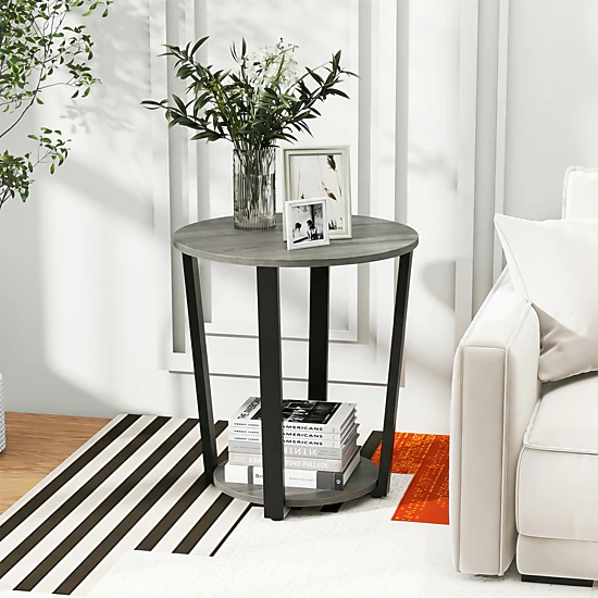 Glintex Round 2-Tier End Table with Detachable Tray Shelf and Melamine Top, Oak