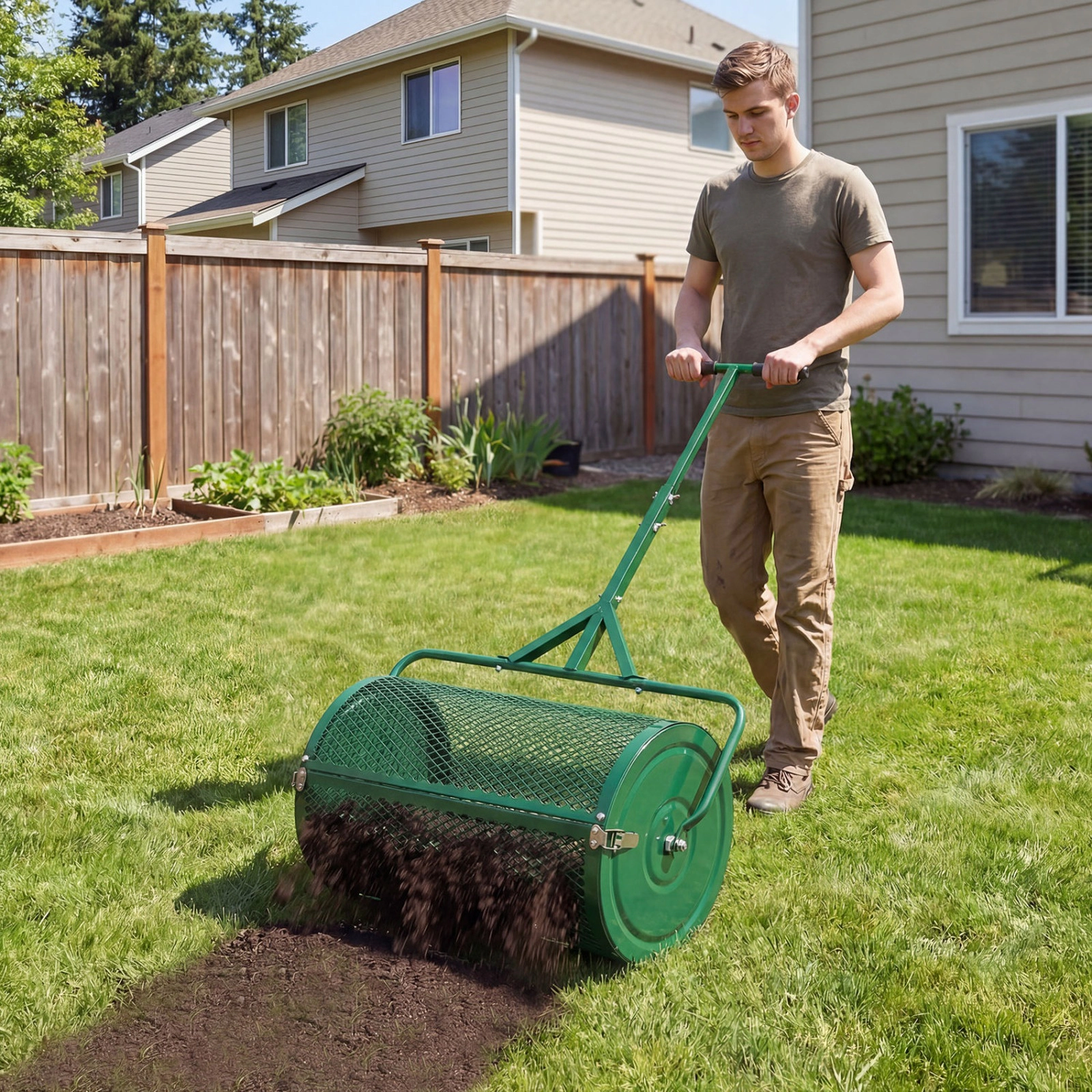 SUGIFT 24 in Compost Spreader Green Peat Moss Roller with Height Adjustable T-Handle