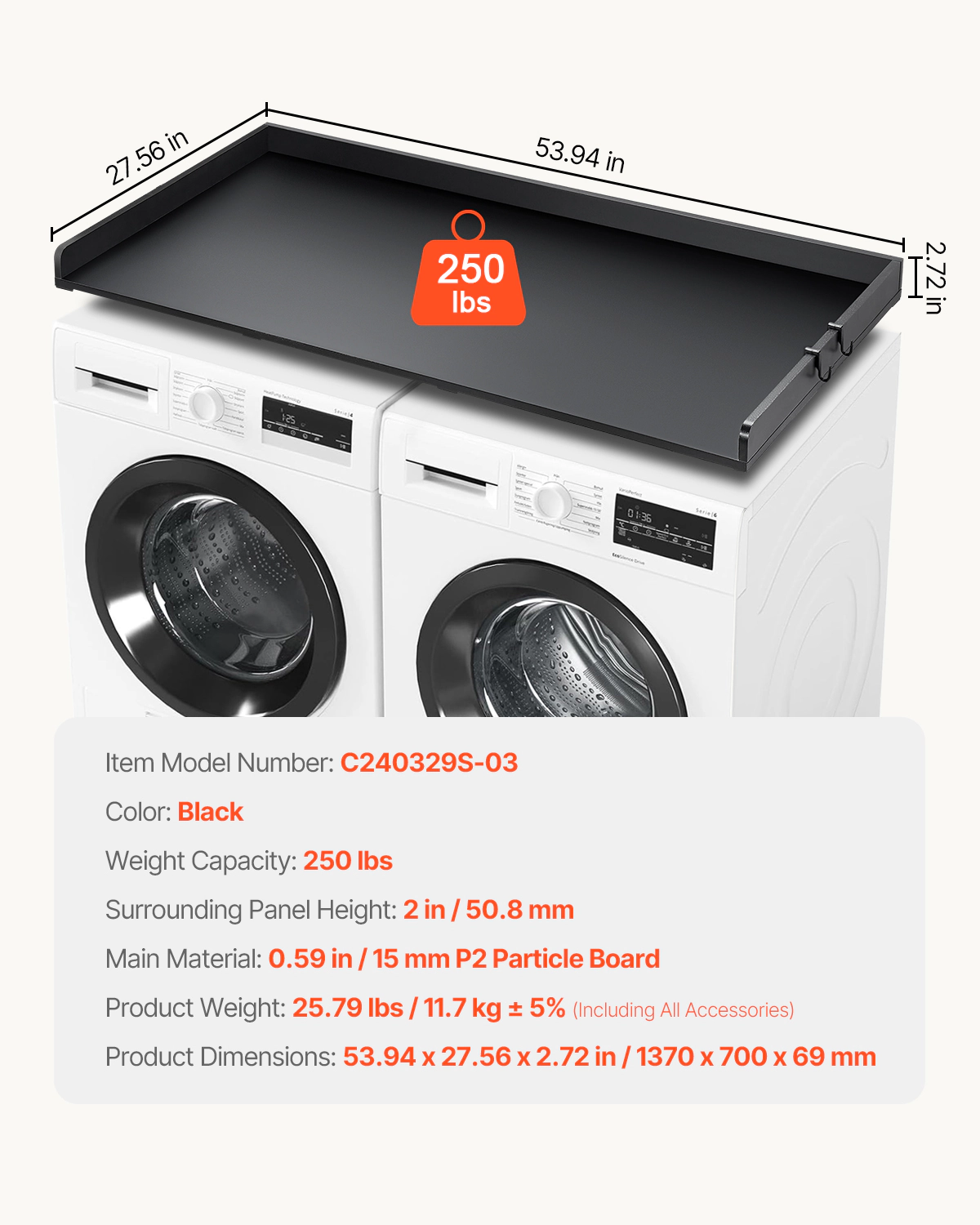 HONGGE Washer Dryer Countertop 54" x 27" Wooden Washer and Dryer Countertop Water-Resistant Laundry Machine Topper