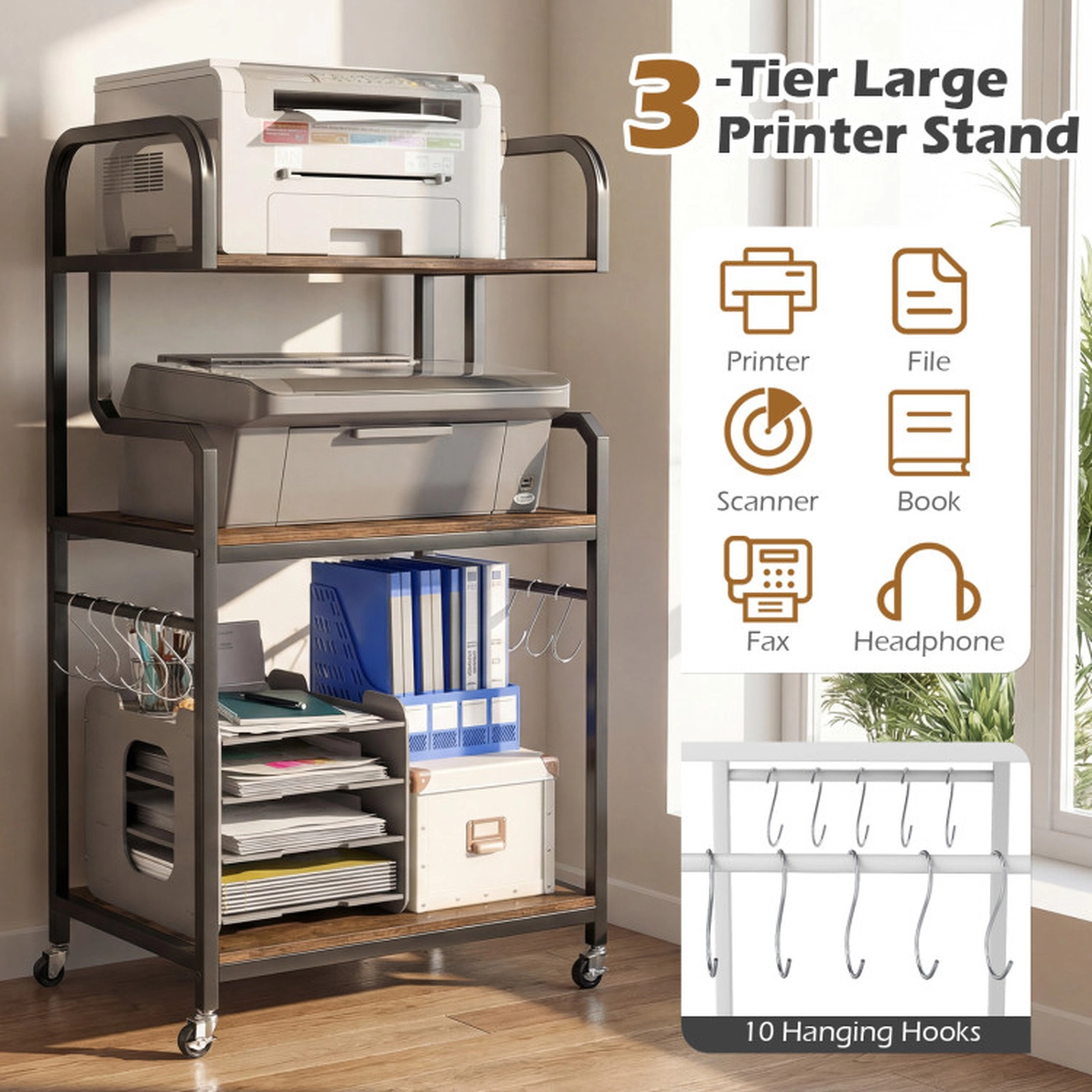 SUGIFT 3-Tier Rolling Printer Stand Office Cart 44-lb Top 110-lb Middle 100-lb Bottom 22 x 16-in Shelves Rustic Brown