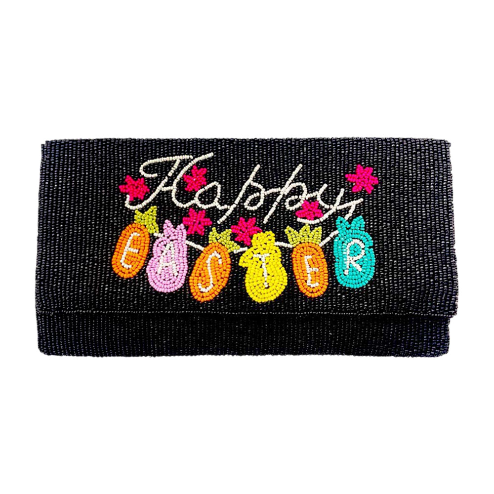 Fashnzfab Happy Easter Message Carrot Bunny Pointed Seed Beaded Clutch / Crossbody Bag