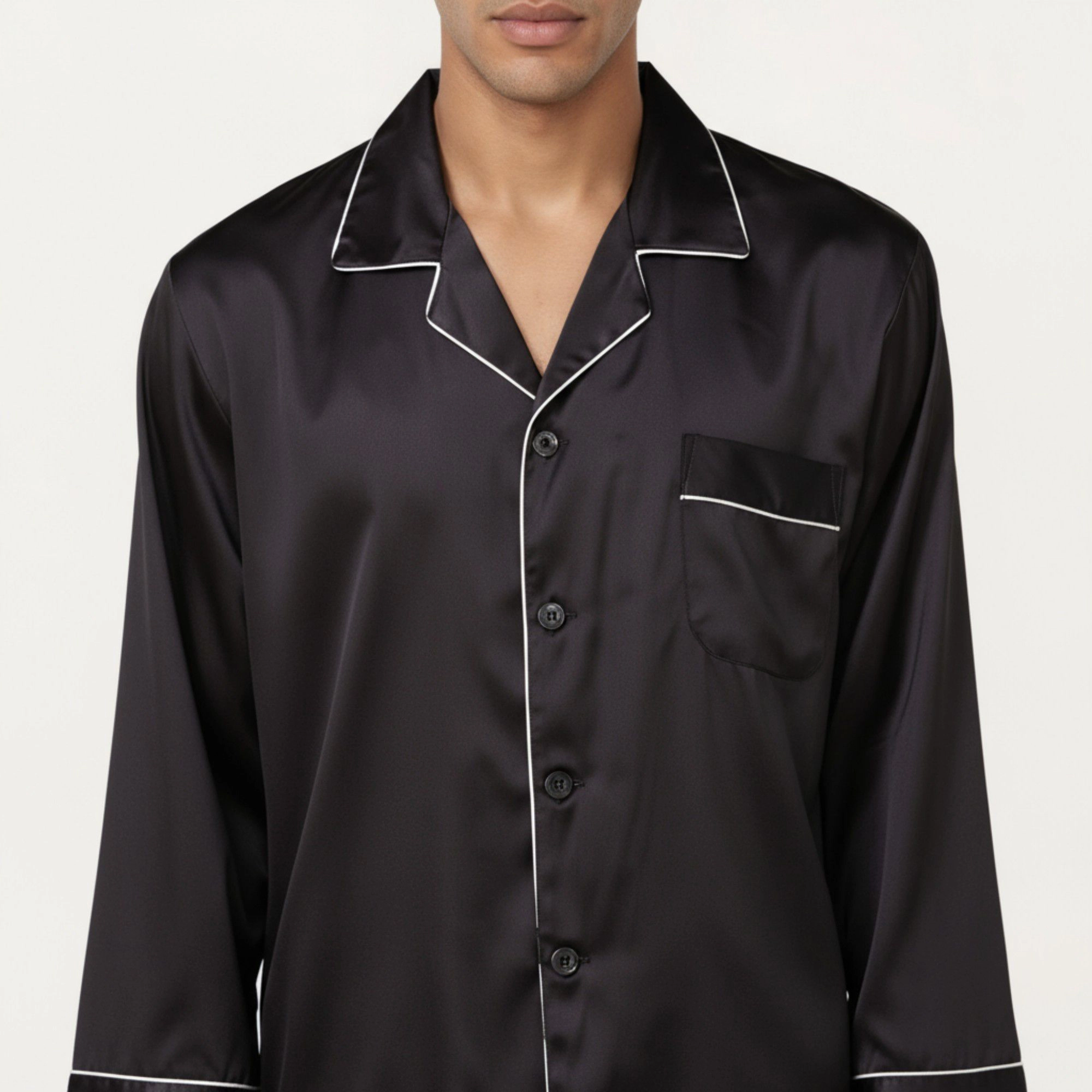 Anna-Kaci Men's 2-Piece Satin Pajamas with Contrast Piping and Button Up Top