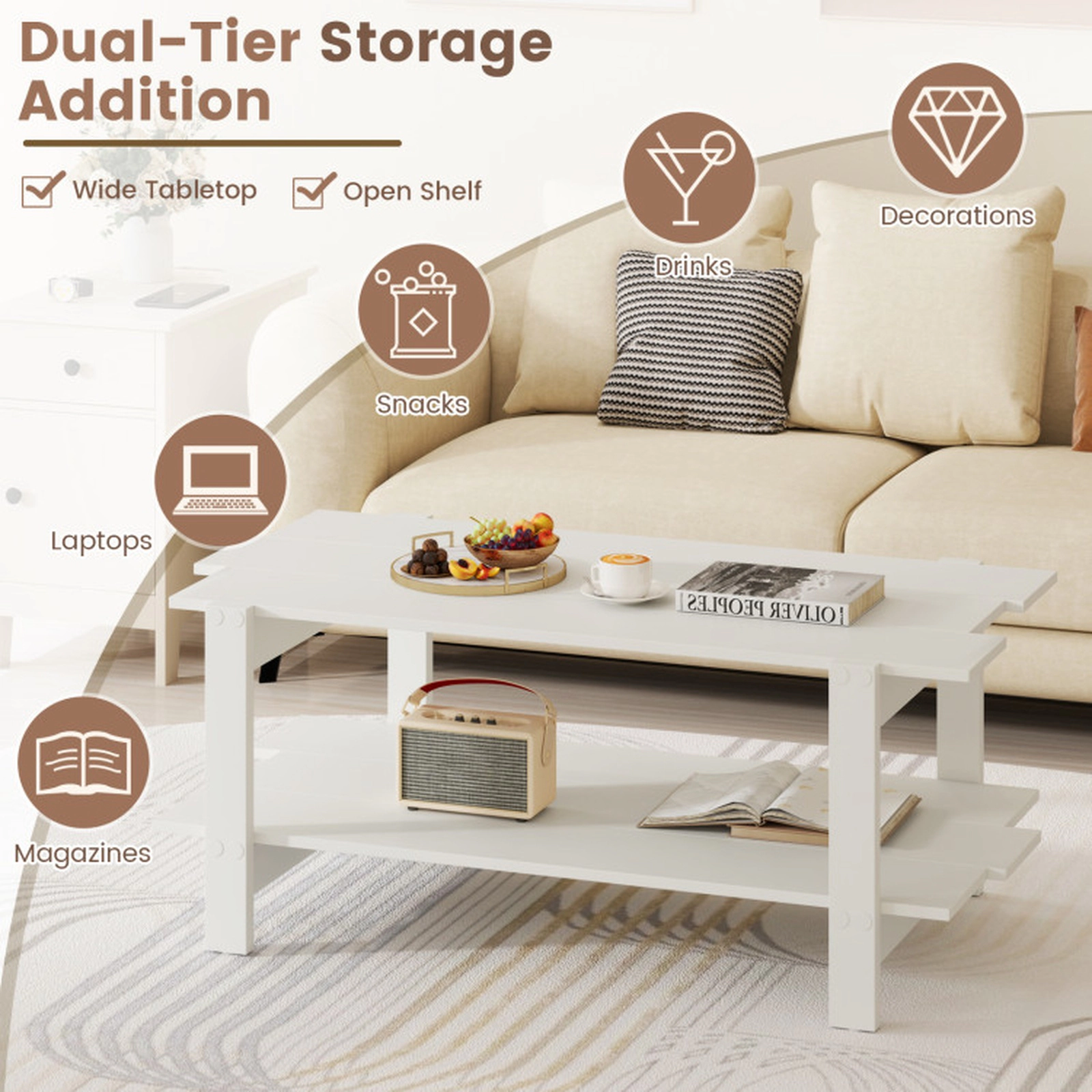 SUGIFT 2-Tier Slatted Top Open Shelf Engineered Wood Coffee Table 45-in x 23.5-in x 18.5-in 135-lb Capacity White