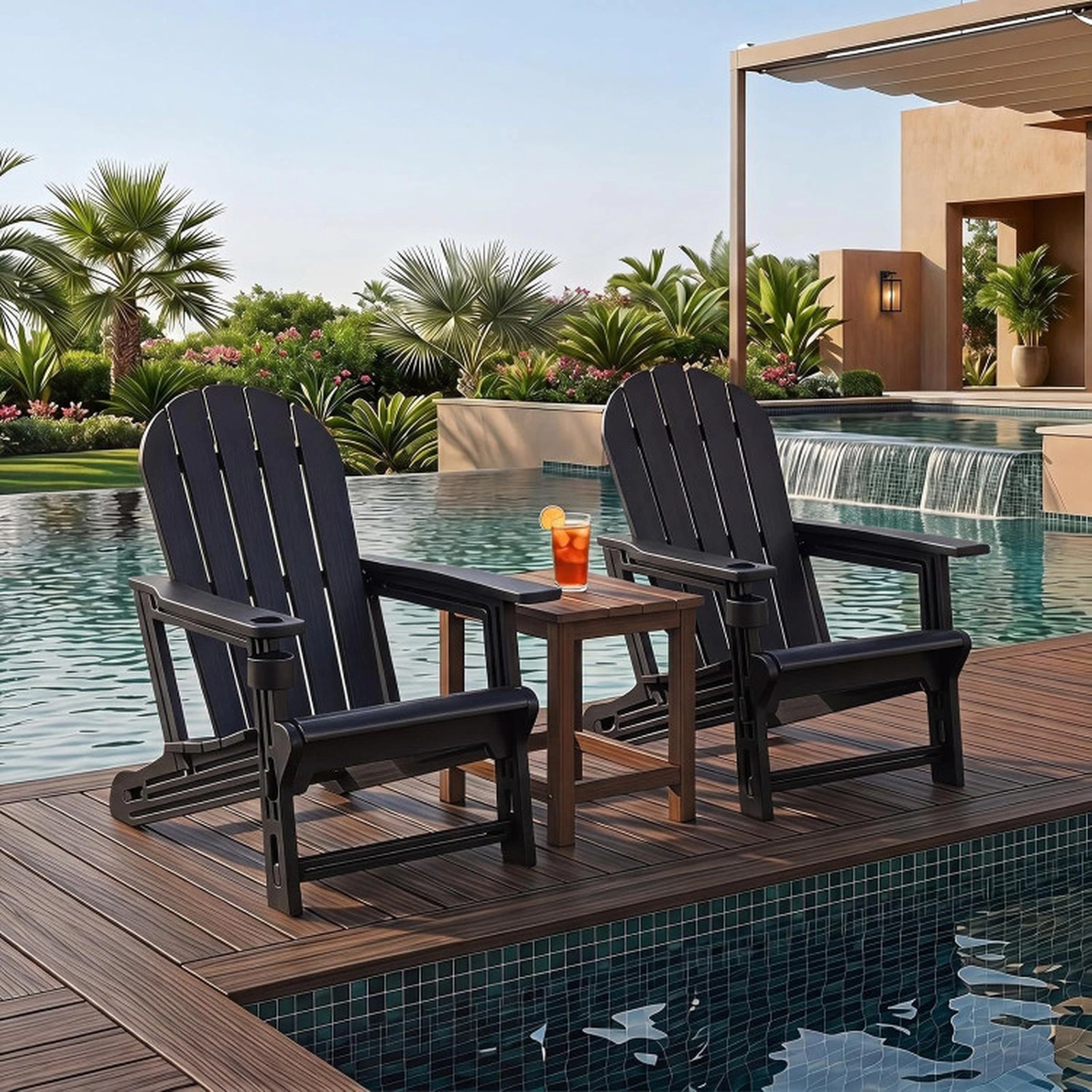 SUGIFT Set of 2 Weather-Resistant HDPE Adirondack Chairs with Cup Holder 330-Lb Capacity 33.5-in Frame Black