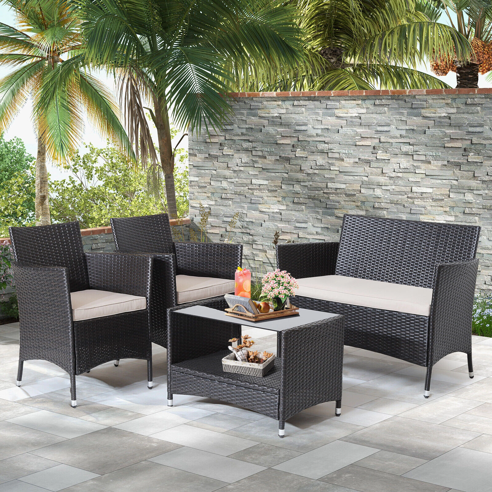 Hivvago 4 Pieces Patio Conversation Set With Soft Cushions And Tempered Glass Tabletop