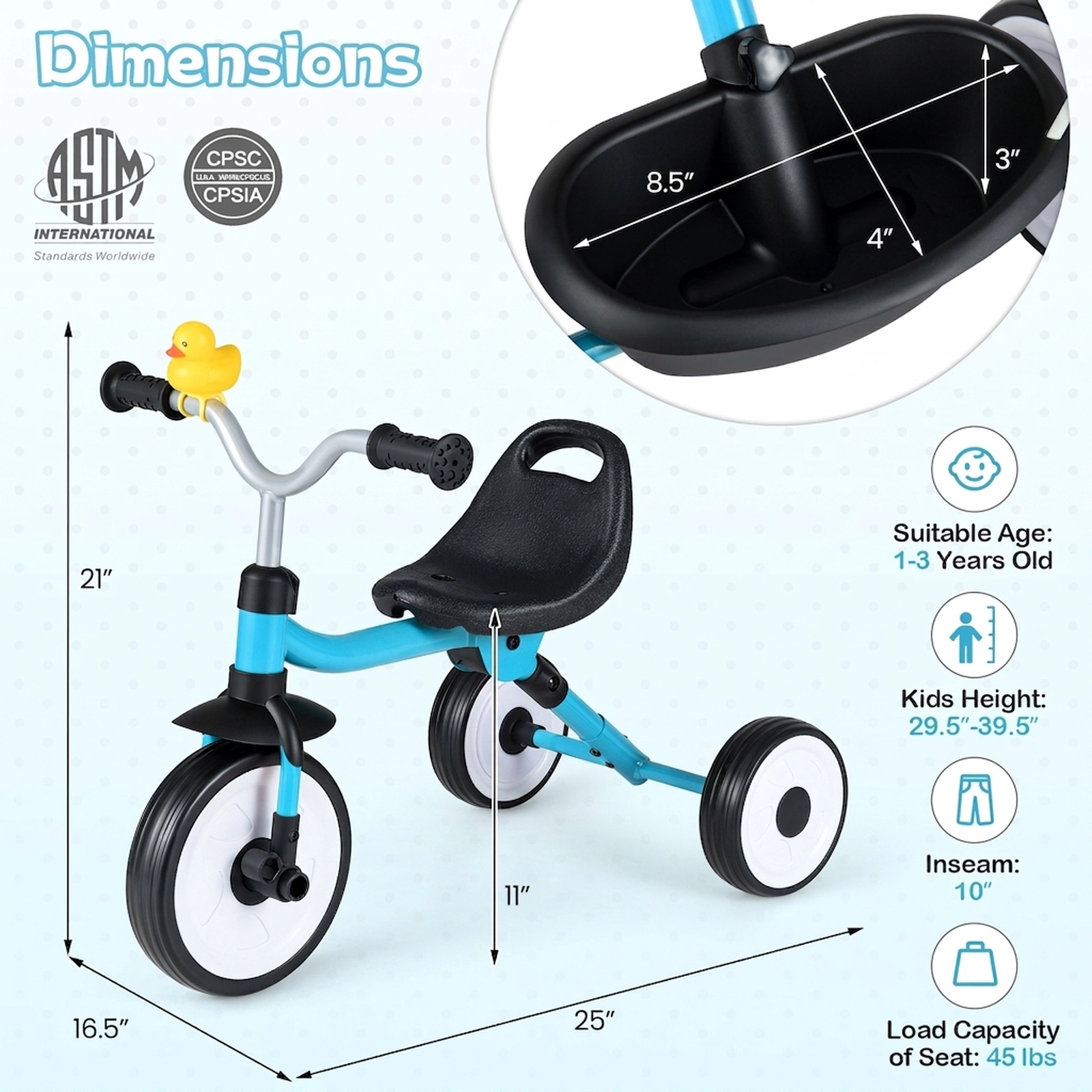 Toddler Tricycle with Light-Up Wheels 3-Position Seat and Folding Frame for Ages 1-3 Rear Basket Squeaky Duck Kids Trike