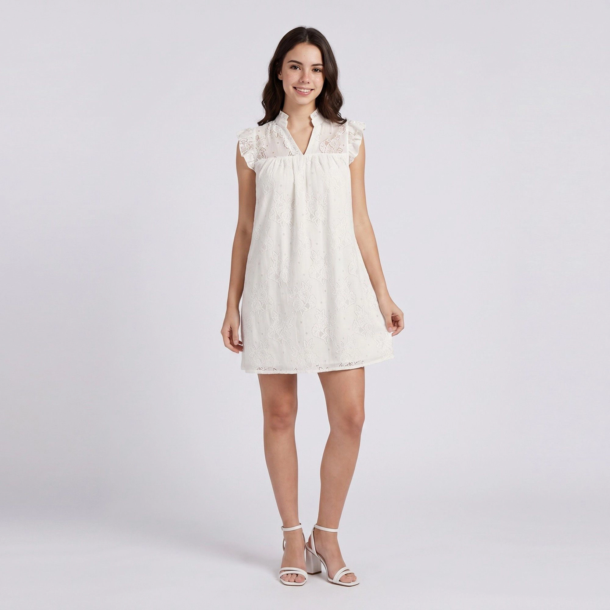 Anna-Kaci Women's Floral Lace Texture Ruffle Sleeve Split Neckline Gathered Yoke Shift Mini Dress