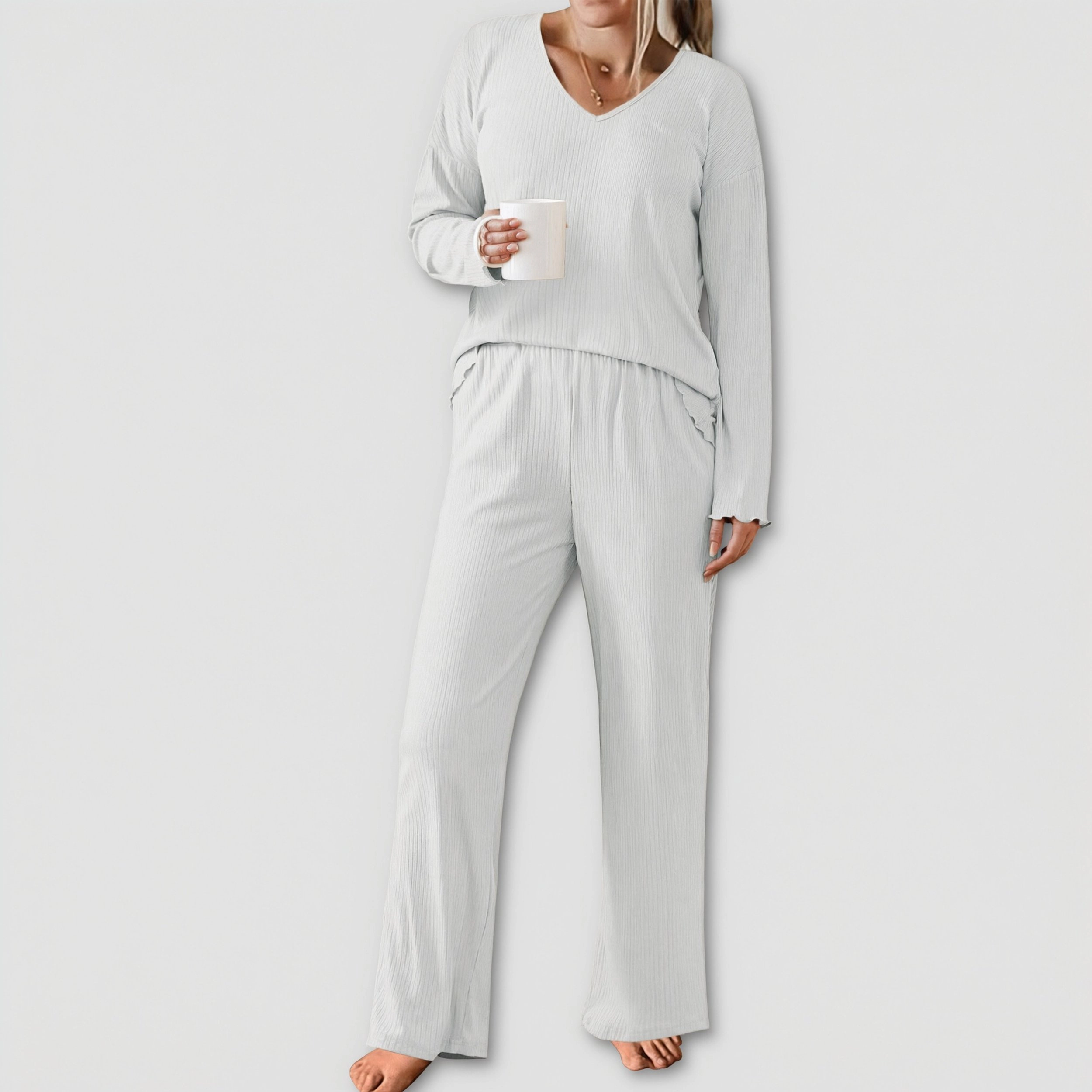 Ekouaer Womens Pajama Set Ribbed Knit Pajamas Two Piece Lounge Long Sleeve Top and Pants