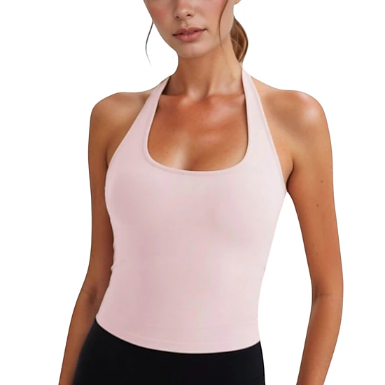 Anna-Kaci Womens Halter Neck Cropped Tank Top with Built-In Bra