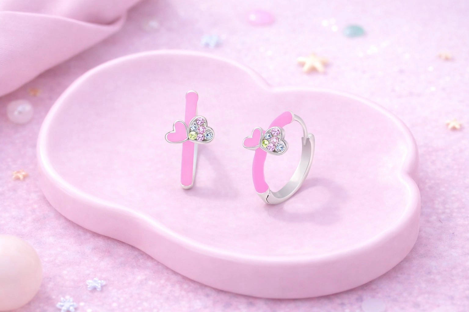 CHANTEUR Kids White Gold Tone Huggie Hoop Earrings with Pink Enamel