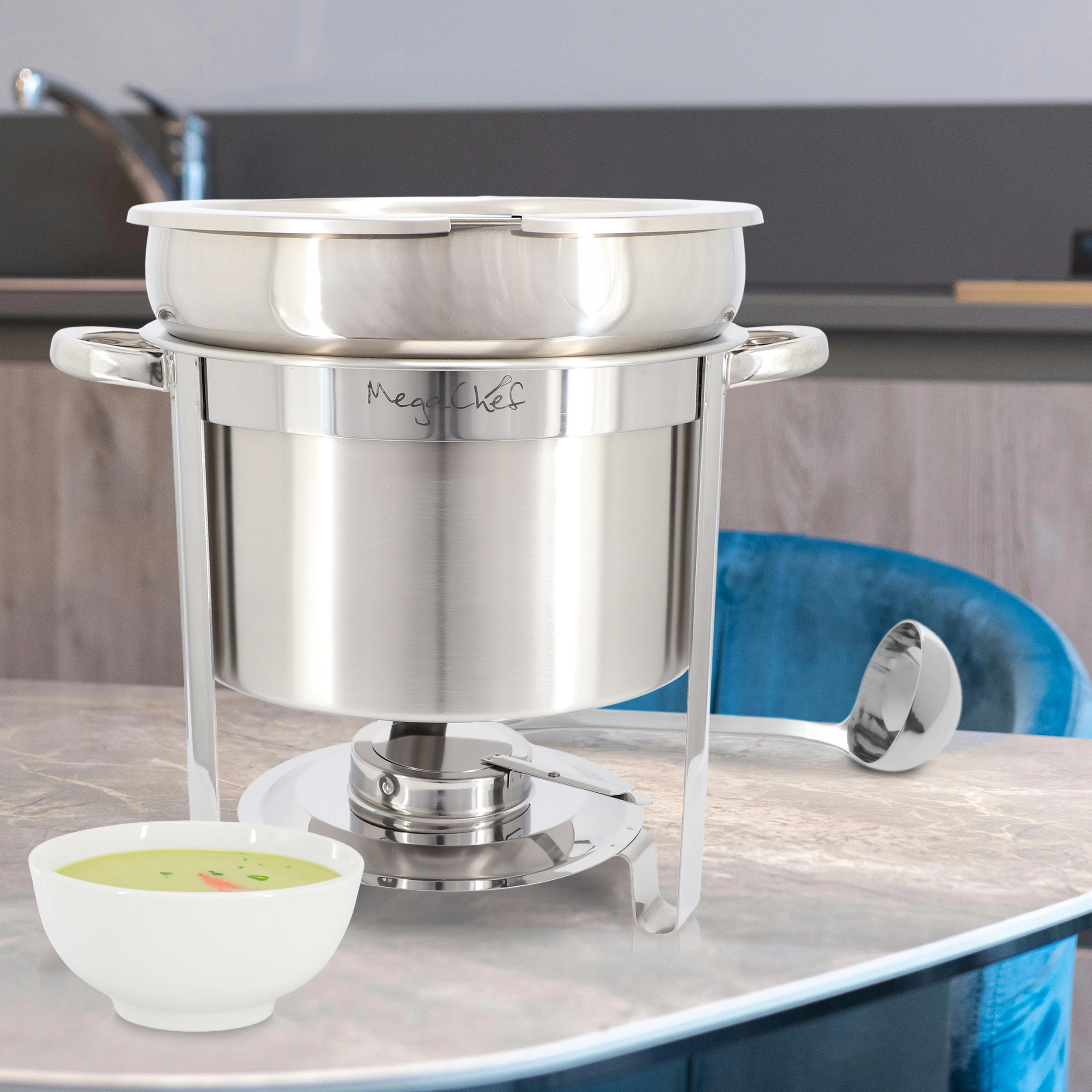 MegaChef 11.6 Quart Round Stainless Steel Professional Soup Chafing Dish in Silver