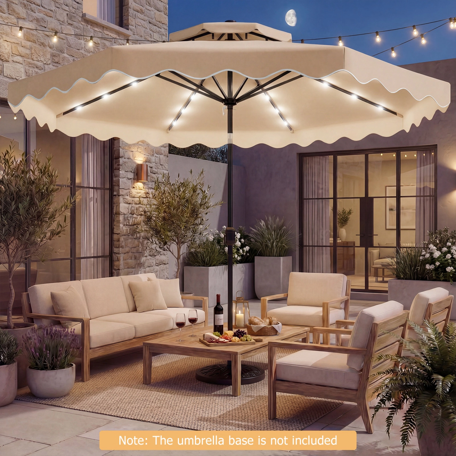 SUGIFT 9-ft Beige Solar Patio Umbrella with 24 LED Lights, Crank Lift and Push-Button Tilt