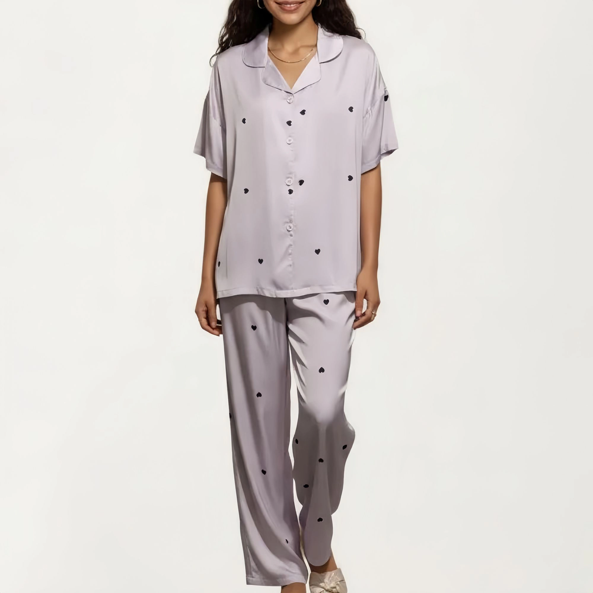 Anna-Kaci Women's 2-Piece Pajama Short Sleeve Button Down Top with Notch Collar and Relaxed Fit Pants Sleepwear Set