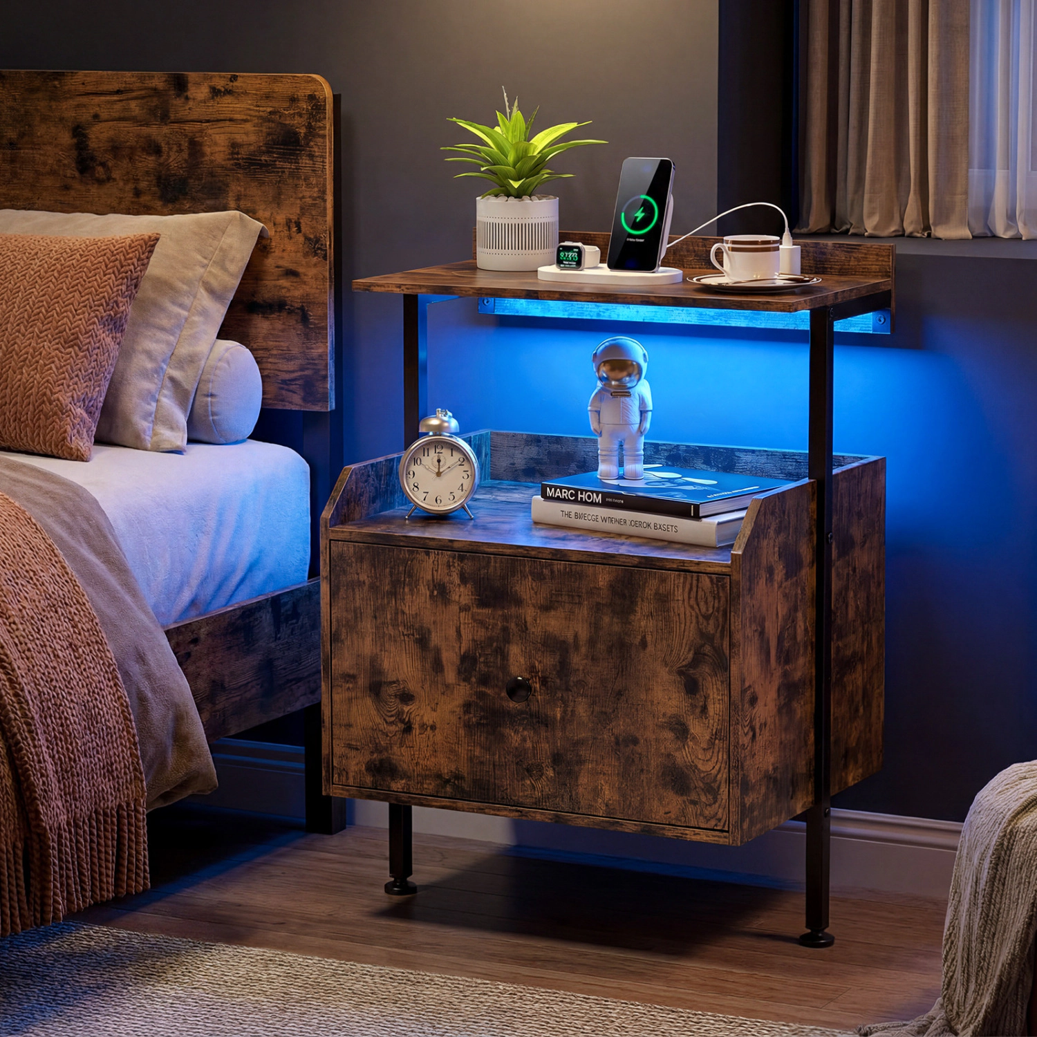 Hivvago Wall-mounted Nightstand with LED Lights and Charging Station for Bedroom