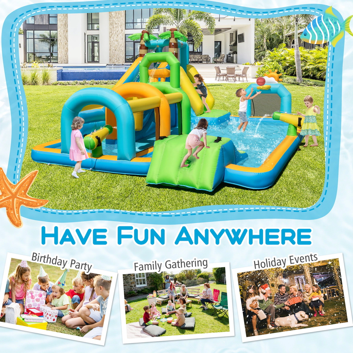 SUGIFT Tropical Dual Slide Climbing Wall and 735W Blower Kids Inflatable Water Slide Aqua Park