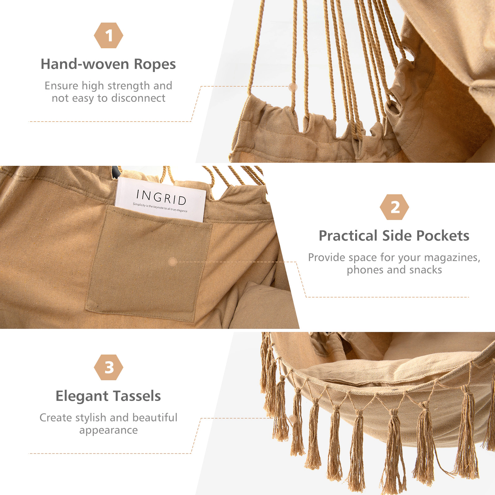 SUGIFT Beige Cotton Rope Hanging Hammock Swing Chair with Side Pocket, Pillow and 2 Cushions